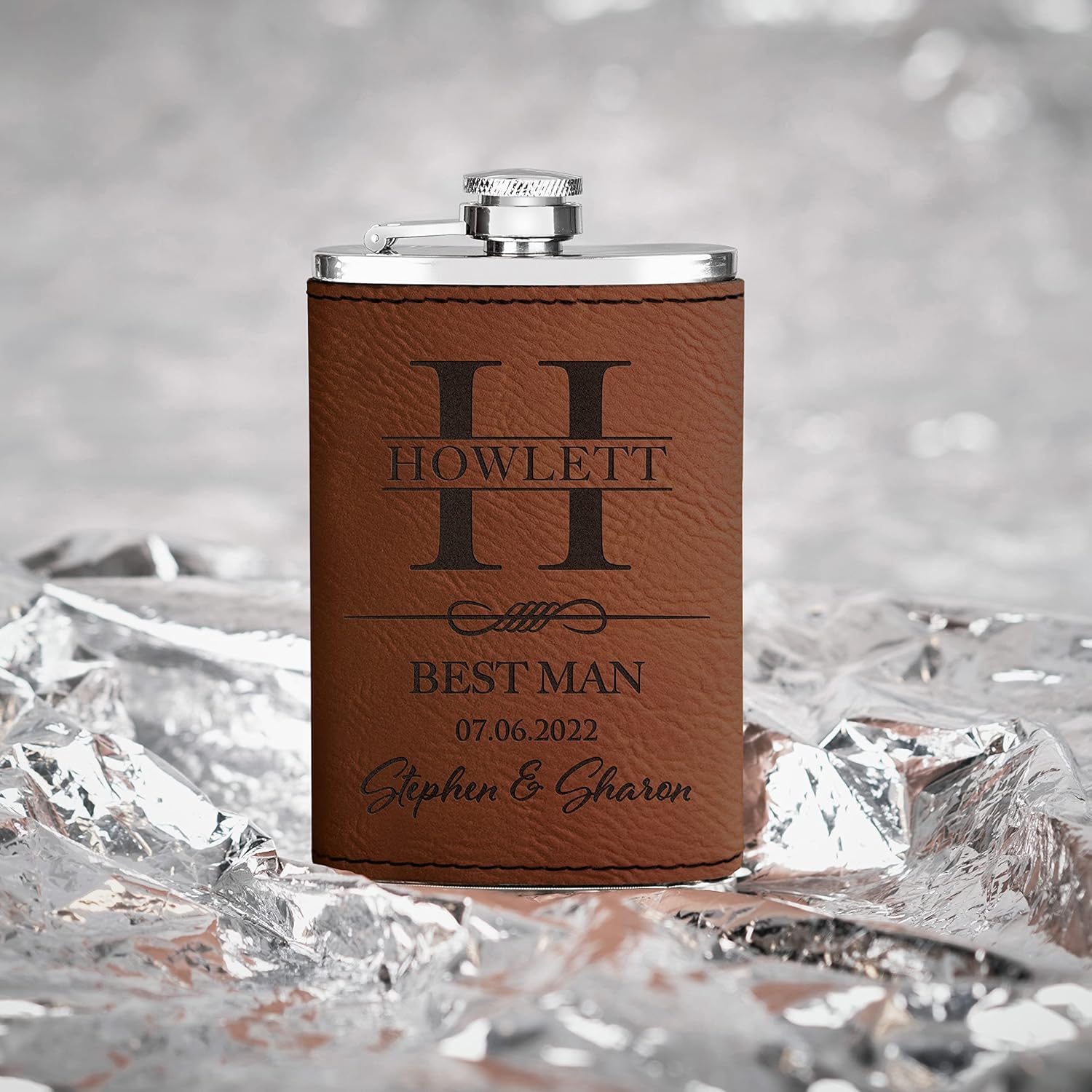 Personalized Hip Flasks Set of 6 - Engraved Leatherette 6 Oz, Best Man & Groomsmen Proposal Gifts, Wedding Party Favors - Chestnut #4