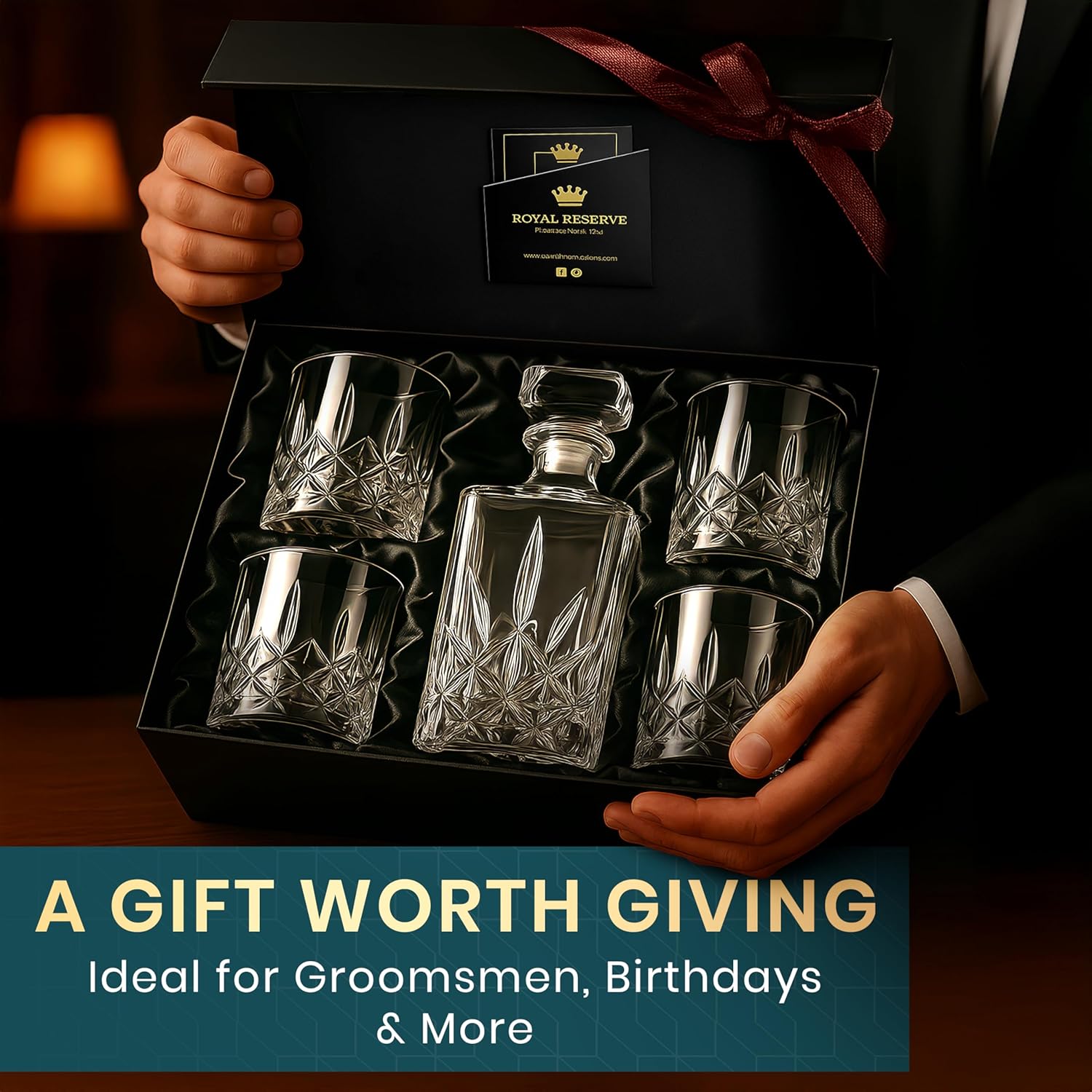 Whiskey Decanter Set by Royal Reserve - Crystal Liquor Bourbon Decanter 24oz 700ml with 4 Glasses in Magnetic Box - Gifts for Men - Image 2