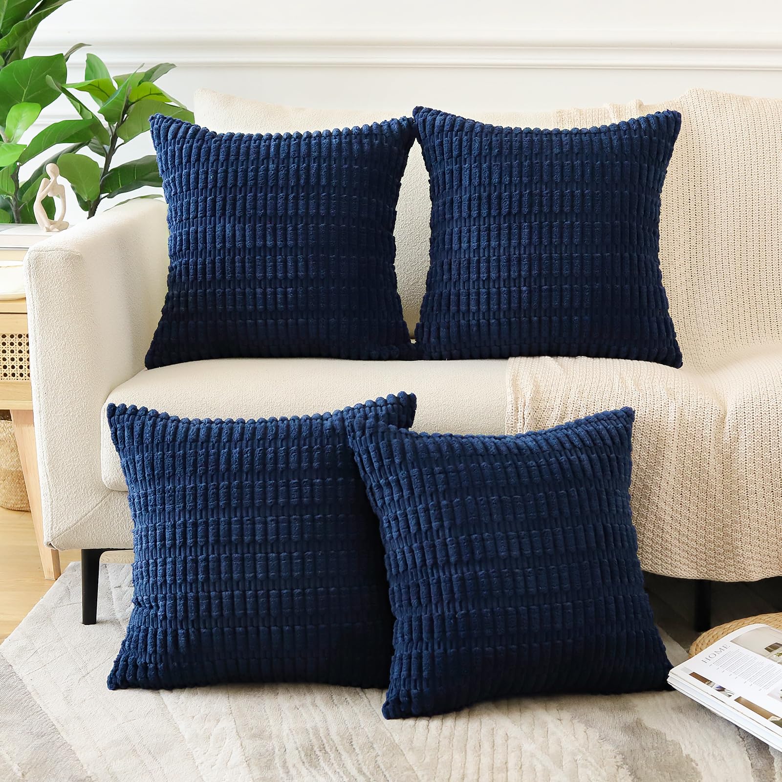 Sungeek Set of 4 Soft Corduroy Decorative Cushion Covers 60x60cm Square Striped Throw Pillow Covers 24x24 Inch for Sofa Couch Living Room Patio Farmhouse Boho Home Decor Pillowcases (Navy Blue) - Image 2
