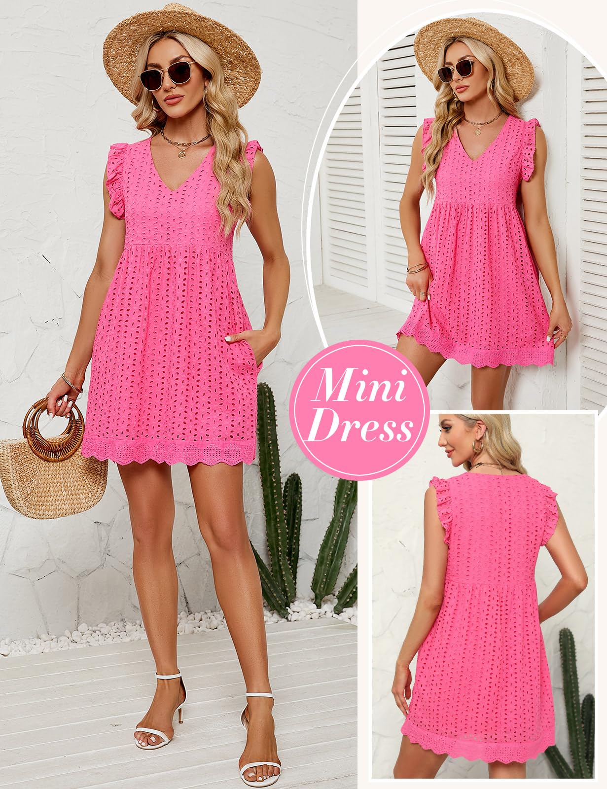 heekpek Abito Estivo Donna Scollo a V Vestito Corto Donna Cotone Senza Maniche con Volant Abiti Leggero Jacquard Abito a Canotta Casual Abito Mare da Spiaggia con Tasche