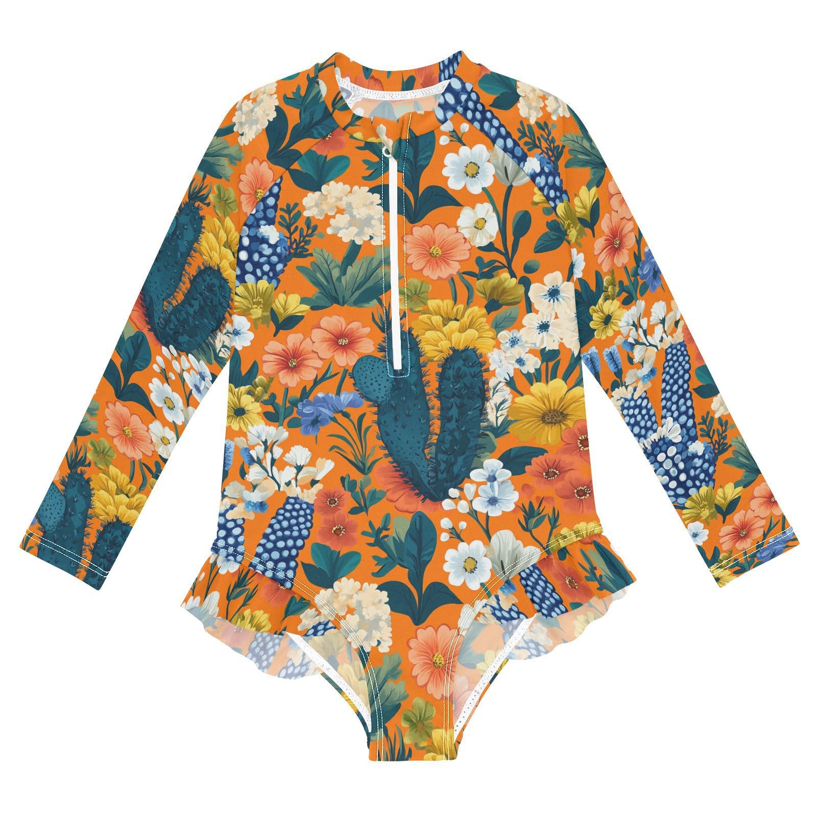 Spring Flowers Cactus Bleeding Heart Hyacinth Orange Girl Long Sleeve Swimsuit Sun Protection Swimming Suits Bathing Suit Toddler 4T