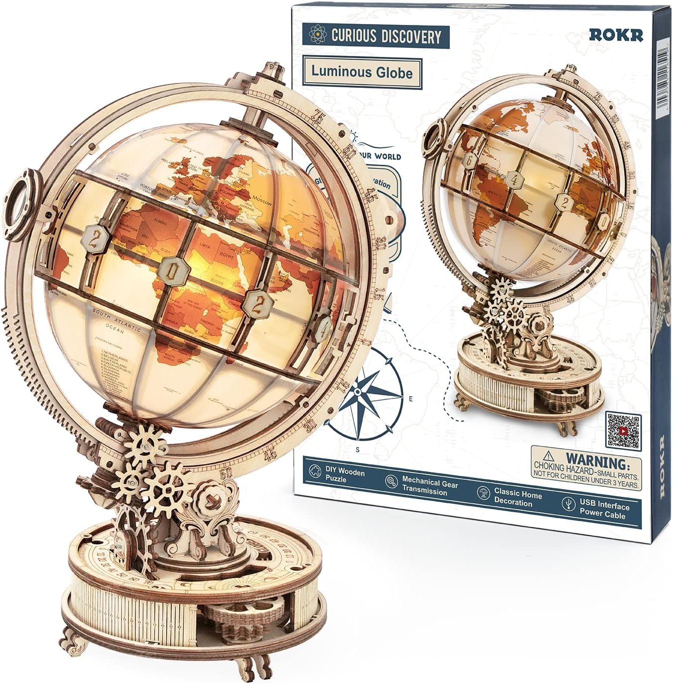 ROKR Puzzle 3D Madera Globo Luminoso Maquetas de Madera para Construir Maquetas para Montar, 180 Piezas, Luminous Globe