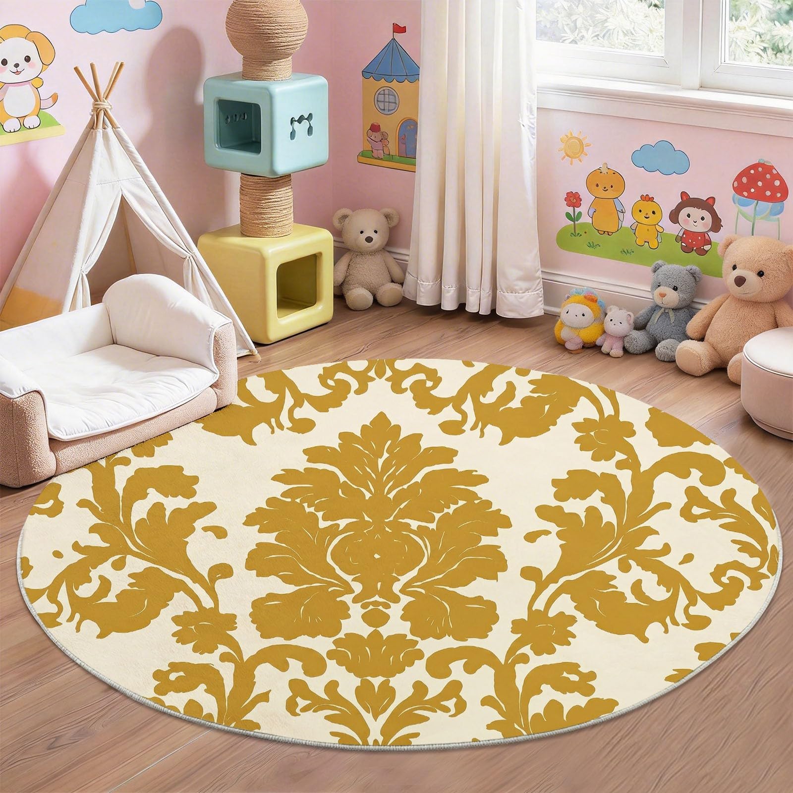 Tappeto rotondo antiscivolo, 120 cm, motivo piante damascate, tappeto rotondo per sotto il tavolo, beige, morbido, a pelo basso, classico, vintage, etnico, per soggiorno, camera da letto, sala da