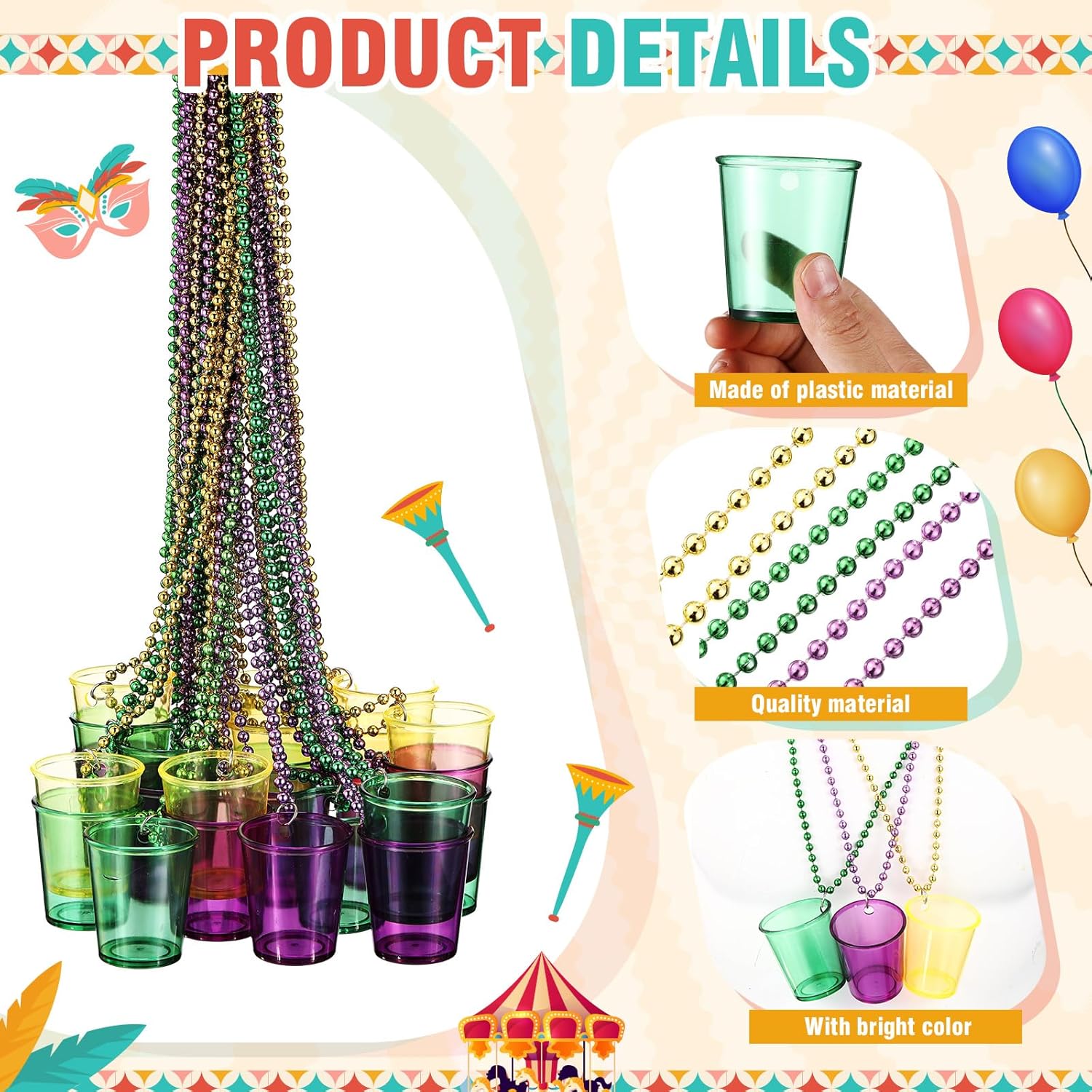 Baderke 24 Pcs Shot Glass Necklaces Mardi Gras Bead Necklace Carnival Purple Green Gold Bead Necklace Shot Glass on Beaded Necklace Plastic Shot Cup Necklace Holiday Party Supplies Carnival Decoration