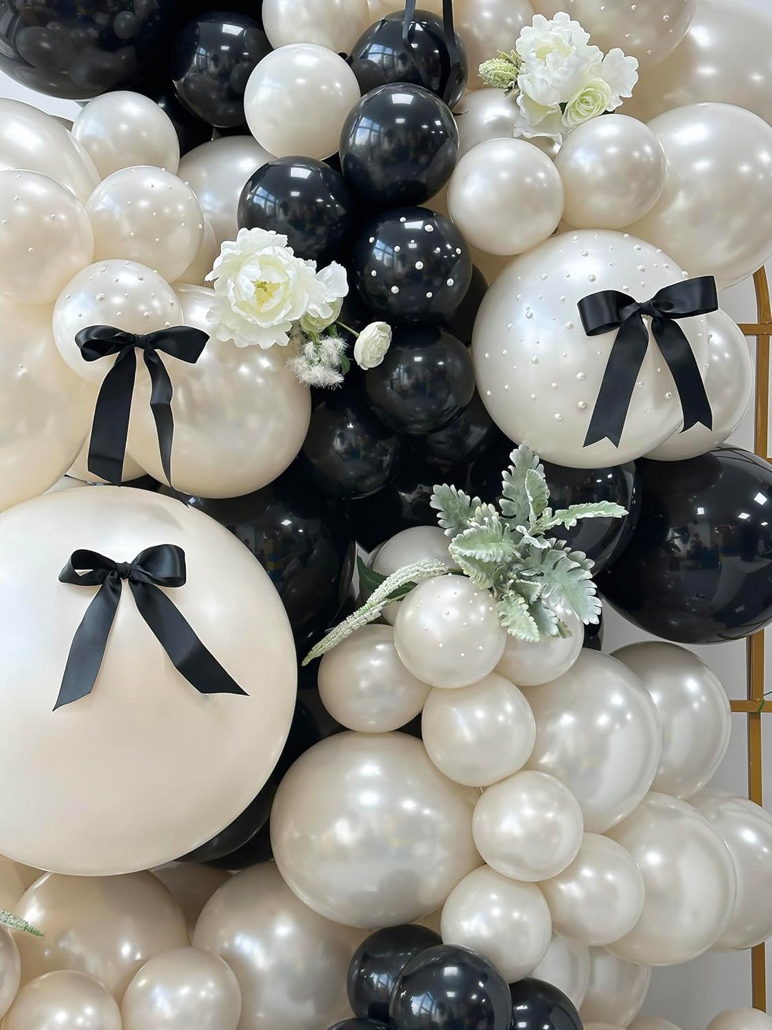 185pcs Black and Double Stuffed Pearl Sand Balloon Arch Kit with Bows & Faux Pearls, Black and White Balloons for Birthday Baby Shower Wedding Bridal Shower Anniversary Party Decorations