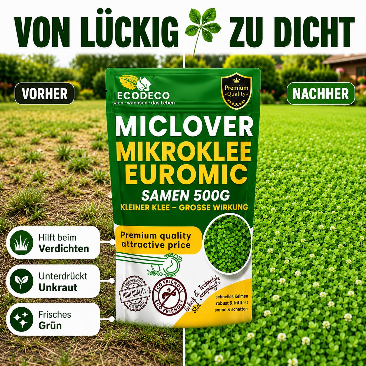 Semillas Cesped Trébol Enano 1kg (400m² Puro o 800m² con Césped) – Blanco Micro Trébol Tapizante Resistente para un Jardín Verde y Uniforme – Alternativa a Césped Natural