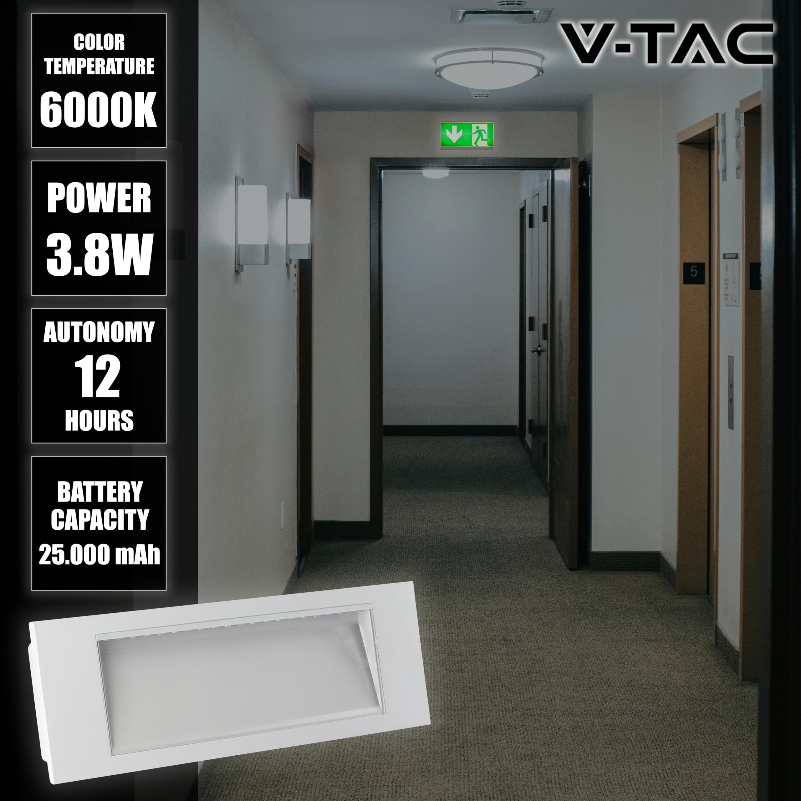 V-TAC Lámpara LED de Emergencia 3,8W – Luz Empotrable para Seguridad y Batería 25000 mAh – Montaje Fácil – IP20 – Señal Anti Black Out – Luz 6000K