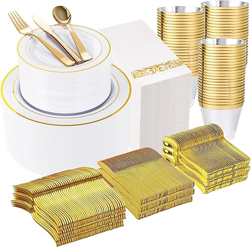 Miniatura 28 de WELLIFE 350 platos de plástico dorado transparente, 100 platos desechables, 150 cubiertos de plástico, 50 tazas, 50 servilletas para bodas y fiestas