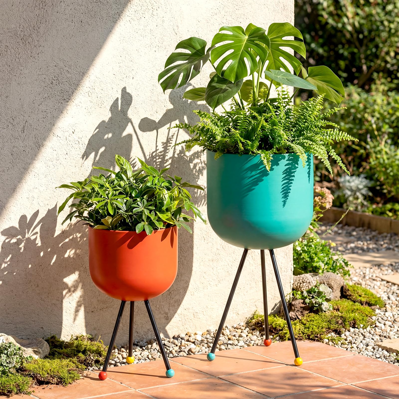 Photo 1 of Frienda 2 Pack Mid Century Modern Decor Mid Century Modern Planter Metal Flowerpot with Stands Stylish Floor-Standing Flowerpot for Boho Home Office Indoor Outdoor Decor 20", 18" h(Orange, Blue)