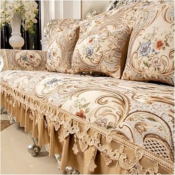 Vintage Sofa Cover Retro Lace Cover for Sofa Chenille Jacquard Floral Corner Couch Slipcover Armchair Cushion 1, 2, 3 SeaterBeige-Lace,Pillowcase50x50cm