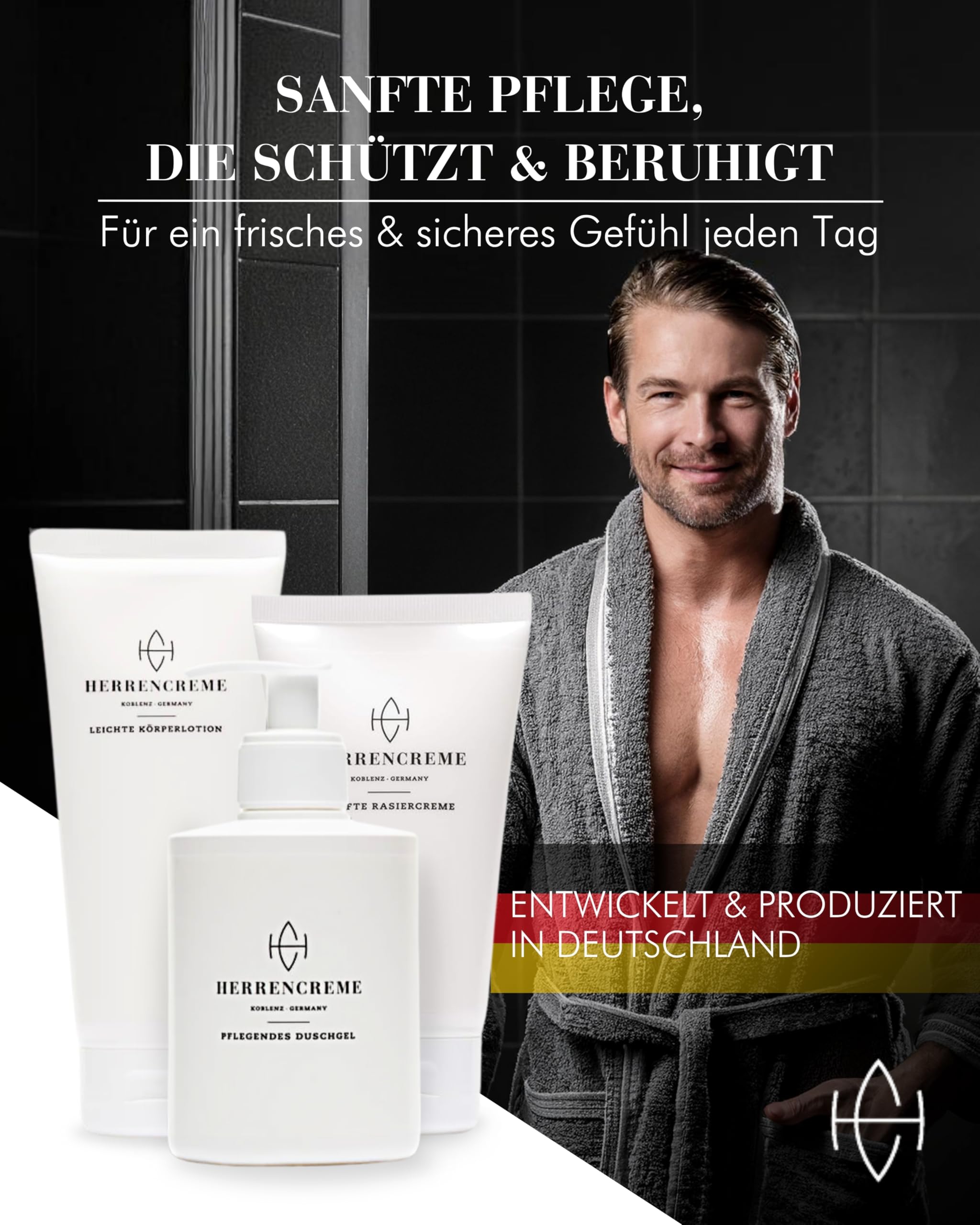 HERRENCREME Körperpflege-Set inkl. Duschgel, Körperlotion & Rasiercreme I Sanftes Waschgel für Gesicht & Körper I Feuchtigkeitsspendende Body-Lotion I Shaving-Cream für Gesicht- & Intimbereich