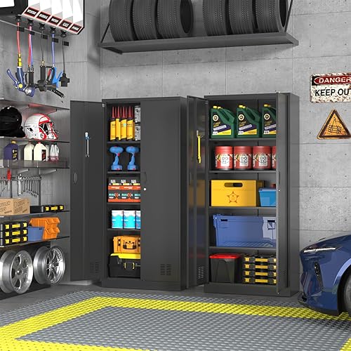Miniatura 2 de Armario de almacenamiento de metal con cerradura, gabinete Lokcing de 71 pulgadas con 2 ganchos, gabinete de 2 puertas con 4 estantes ajustables,
