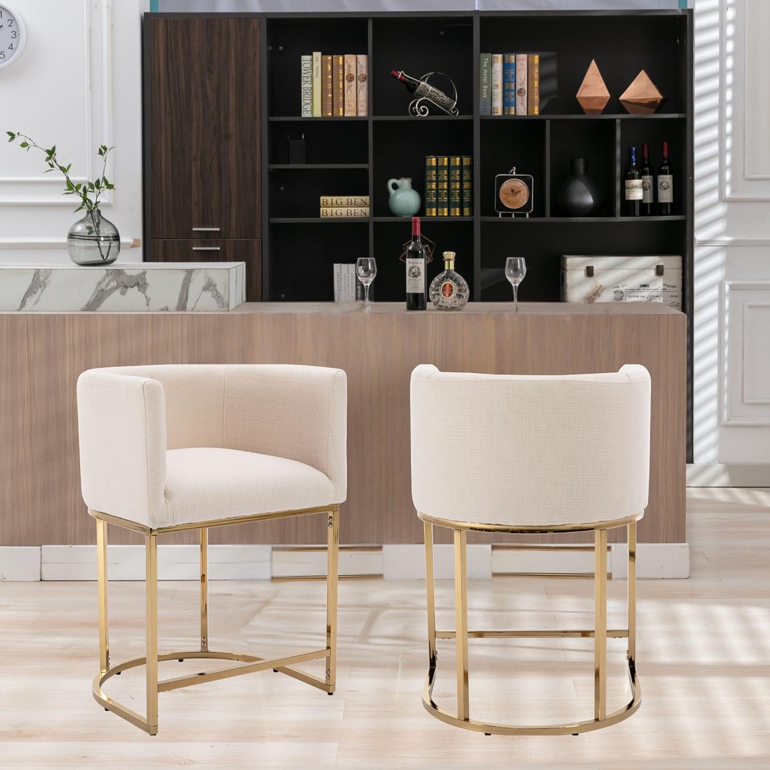 Modern Bar Stools Set of 2, 24" Linen Upholstered Counter Height Kitchen Island Stools Bar Chairs with Golden Metal Frame, Cream