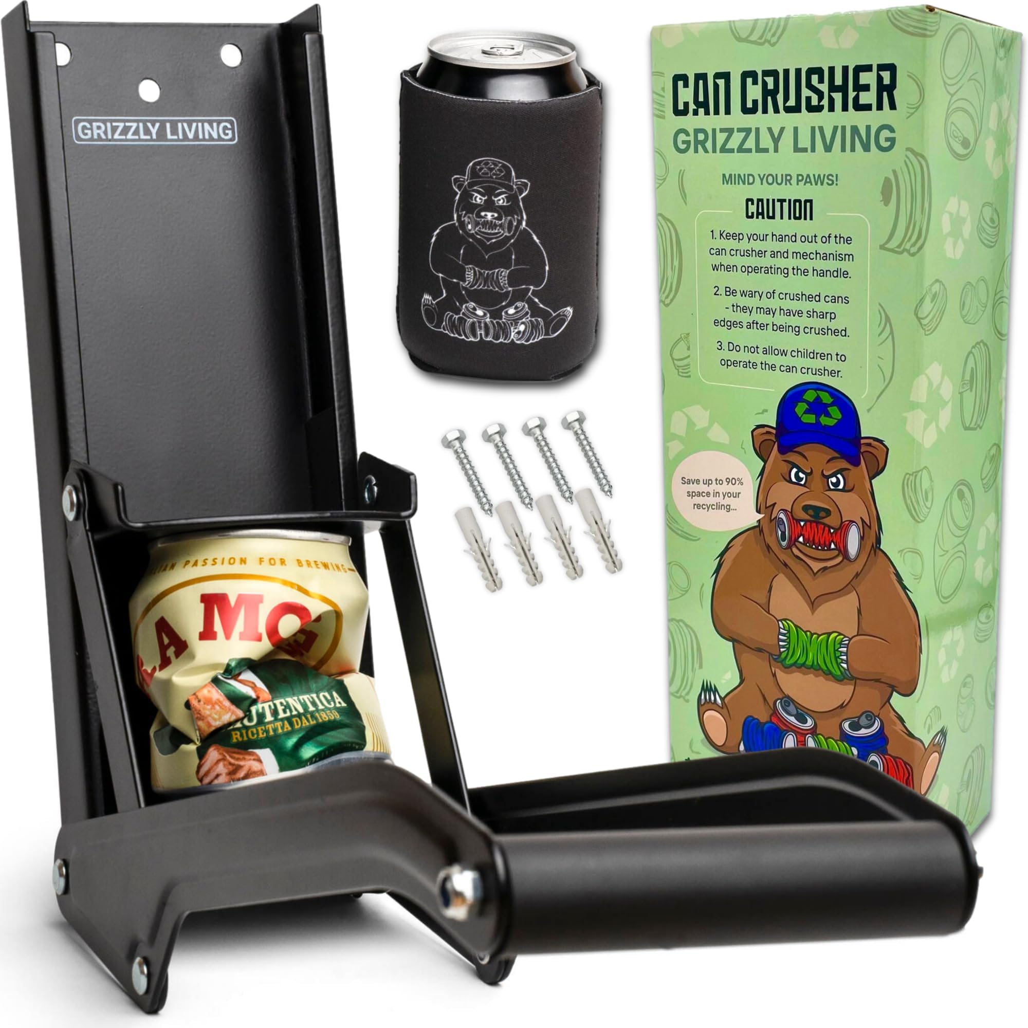Grizzly Living Heavy Duty Can Crusher for Recycling | Can Rrusher Wall Mounted for 12-16oz Cans | Aluminum Can Crusher for Recycling Soda, Beer or Soft Drinks Cans, Can Smasher for Recycling