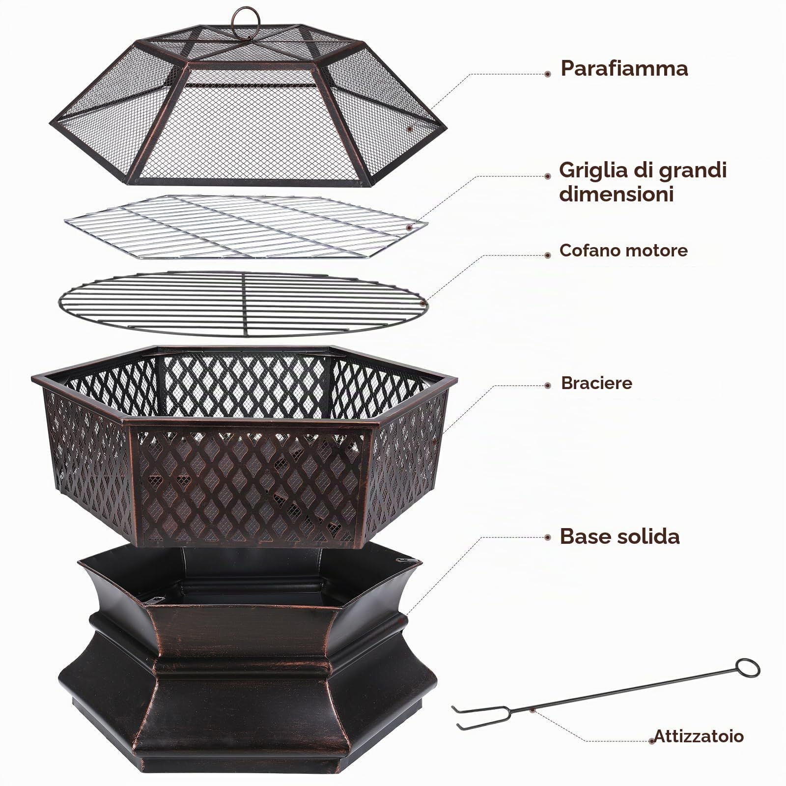 TLSUNNY Braciere da Esterno, Braciere da Giardino con Griglia, 71x71x63 cm | Fire Pit con Rete Protettiva, Griglia a Carbone e Attizzatoio, per Terrazza da Campeggio, Campeggio Riscaldamento