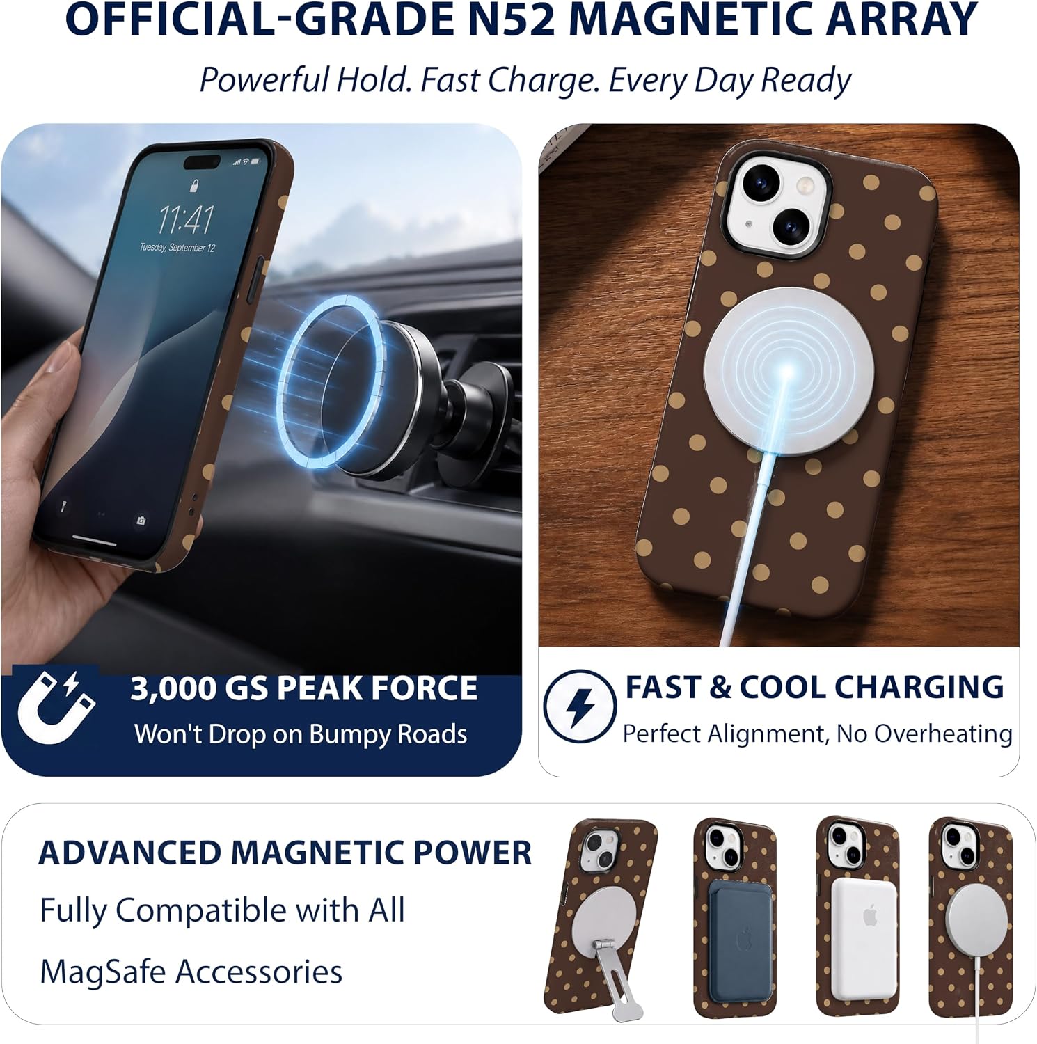 Magnetic for iPhone 15 Phone Case, Cute Brown & Cream Polka Dot