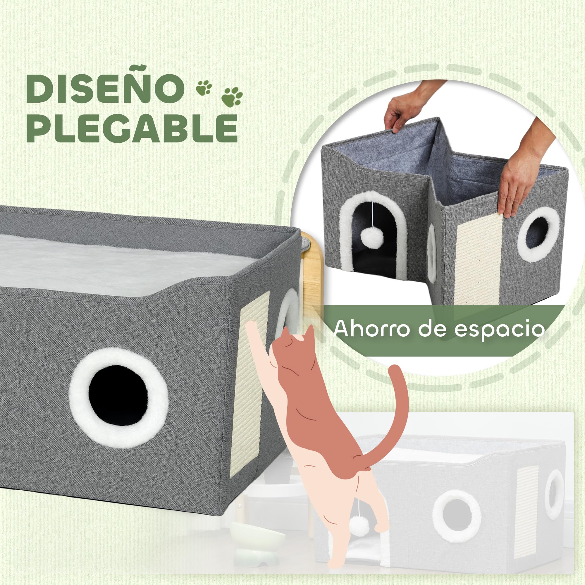 PawHut Casa para Gatos Plegable, Cama para Gatos con Rascador, 3 Entradas, Bola Colgante, Cojín Reversible en Felpa y Tipo Lino, para Interior, 60x40x34 cm, Gris