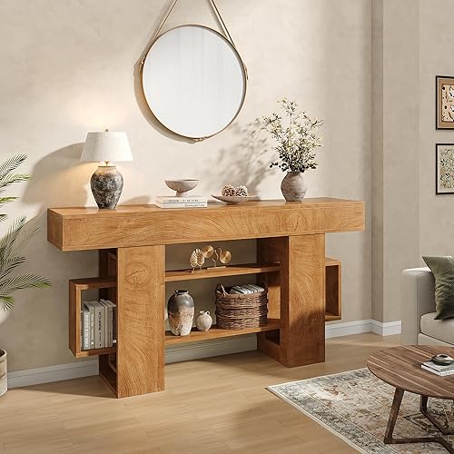 Miniatura 4 de Feonase Mesa consola de 63 pulgadas de largo para entrada, mesa de sofá de madera detrás del sofá con almacenamiento de 3 niveles, mesa de pasillo