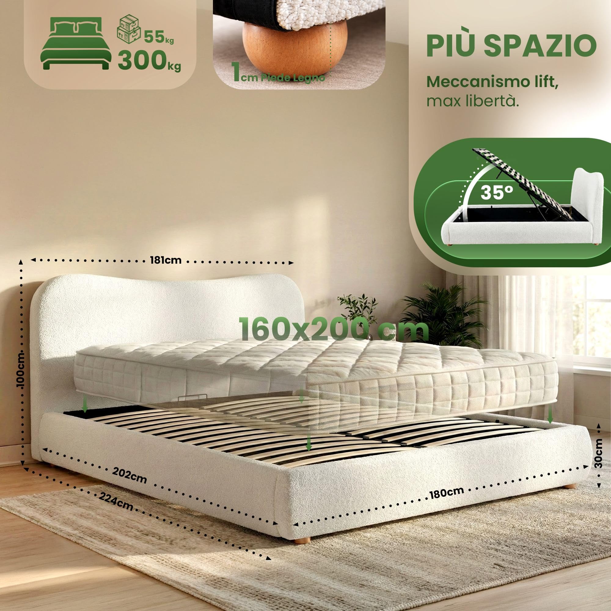 CLP Letto imbottito con contenitore Maido, struttura per materassi, rete con meccanismo di sollevamento, letto matrimoniale in tessuto Teddy, Colore:crema, Dimensione:160x200 cm
