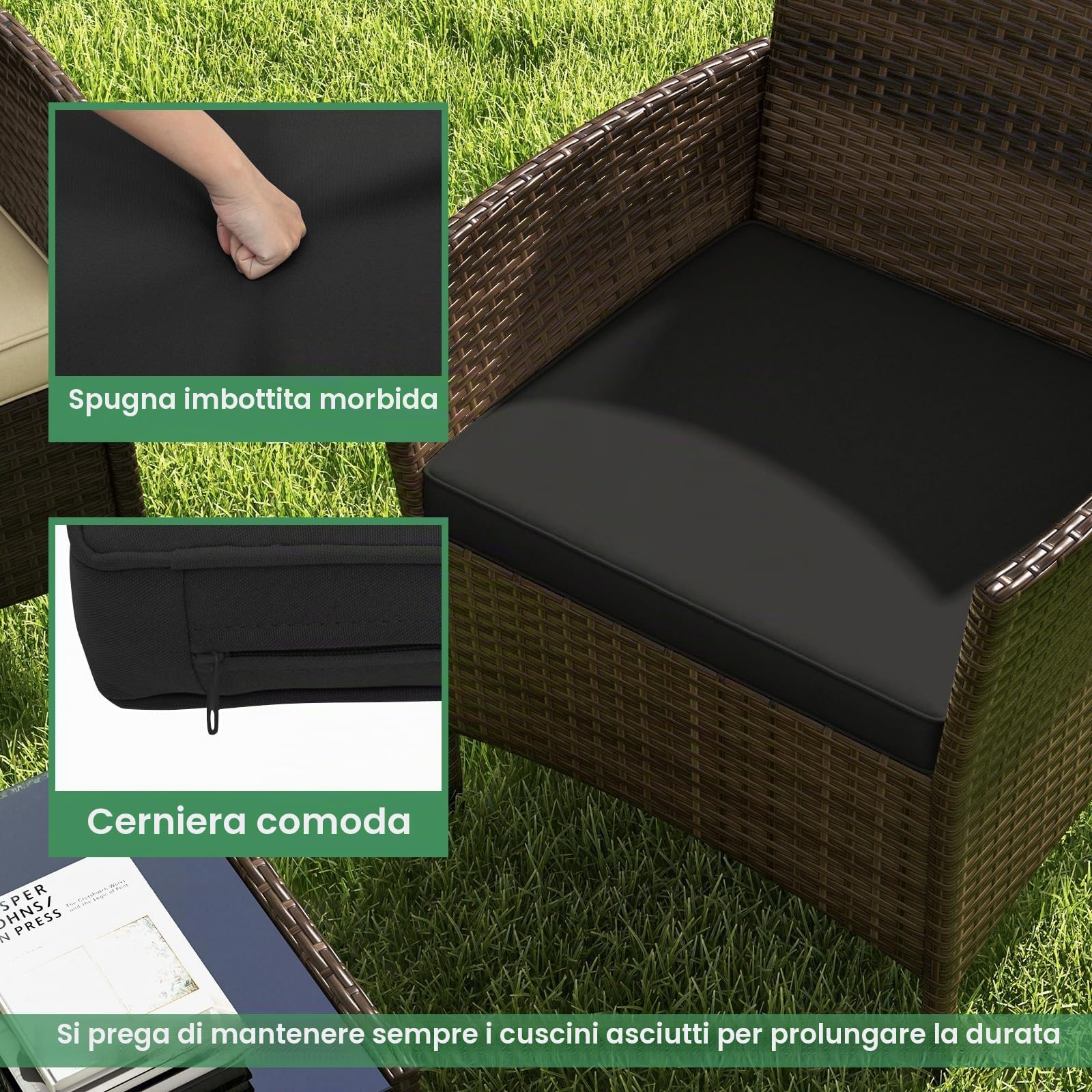 Giantex Set di mobili da giardino in rattan, 4 pezzi, con divano a 2 posti, tavolo e 2 sedie, mobili da terrazza con cuscini per 4 persone, per esterni, per balcone, terrazza e giardino (nero)