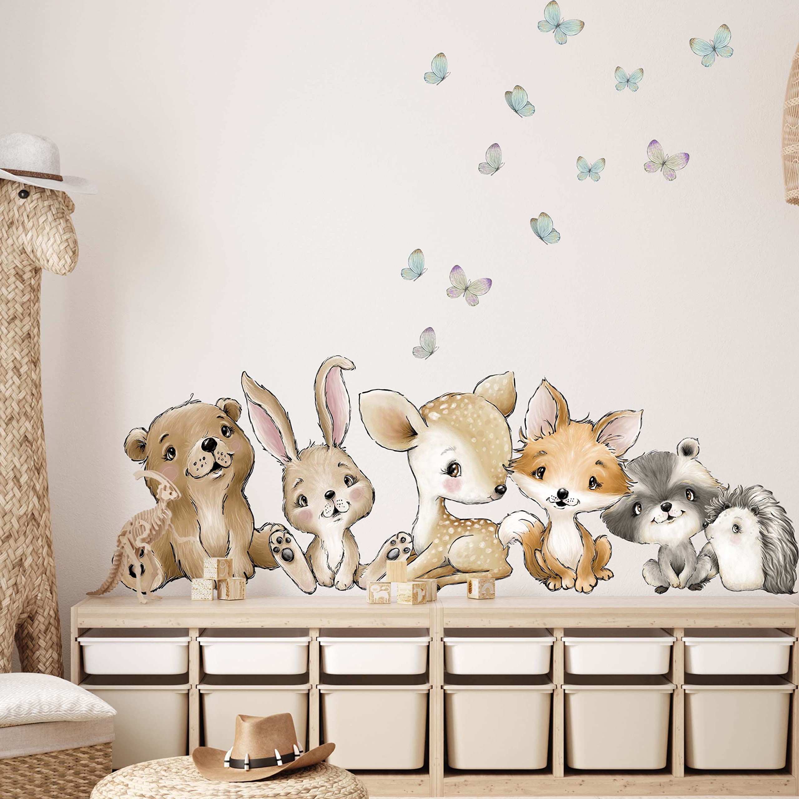 WANDKIND Waldtiere Wandtattoo Kinderzimmer V372 | handgezeichnet | AUFKLEBER Kindergarten | Babyzimmer Wandsticker Dschungel mit Bär Igel Reh Waschbär Fuchs Hase (100 x 100 cm)
