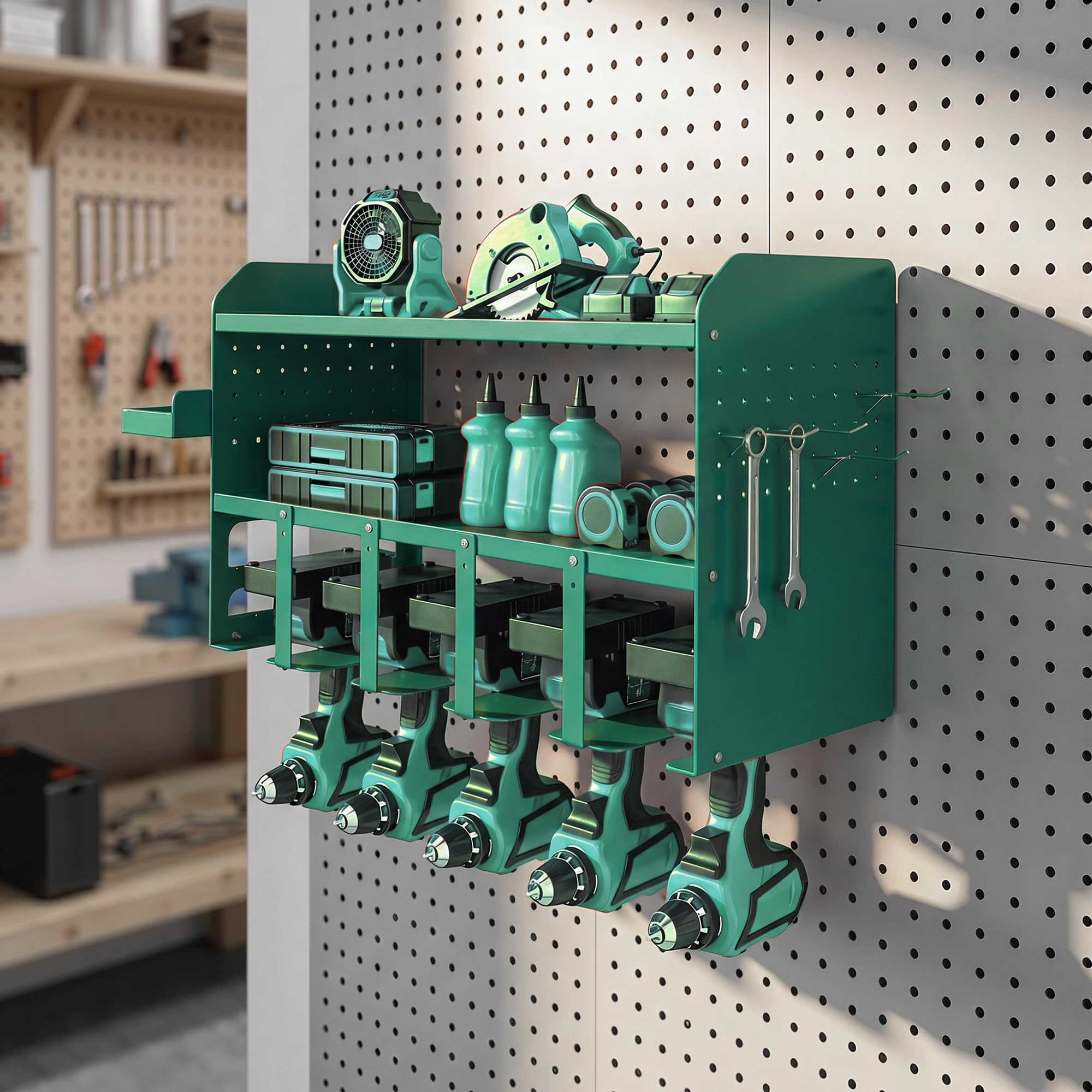 Outsunny Organizer per Utensili Elettrici, Porta Attrezzi da Parete, Supporto Heavy Duty per 5 Trapani Elettrici, in Metallo con Vassoio Laterale e 4 Ganci per Garage, Capanno, Officina, Verde
