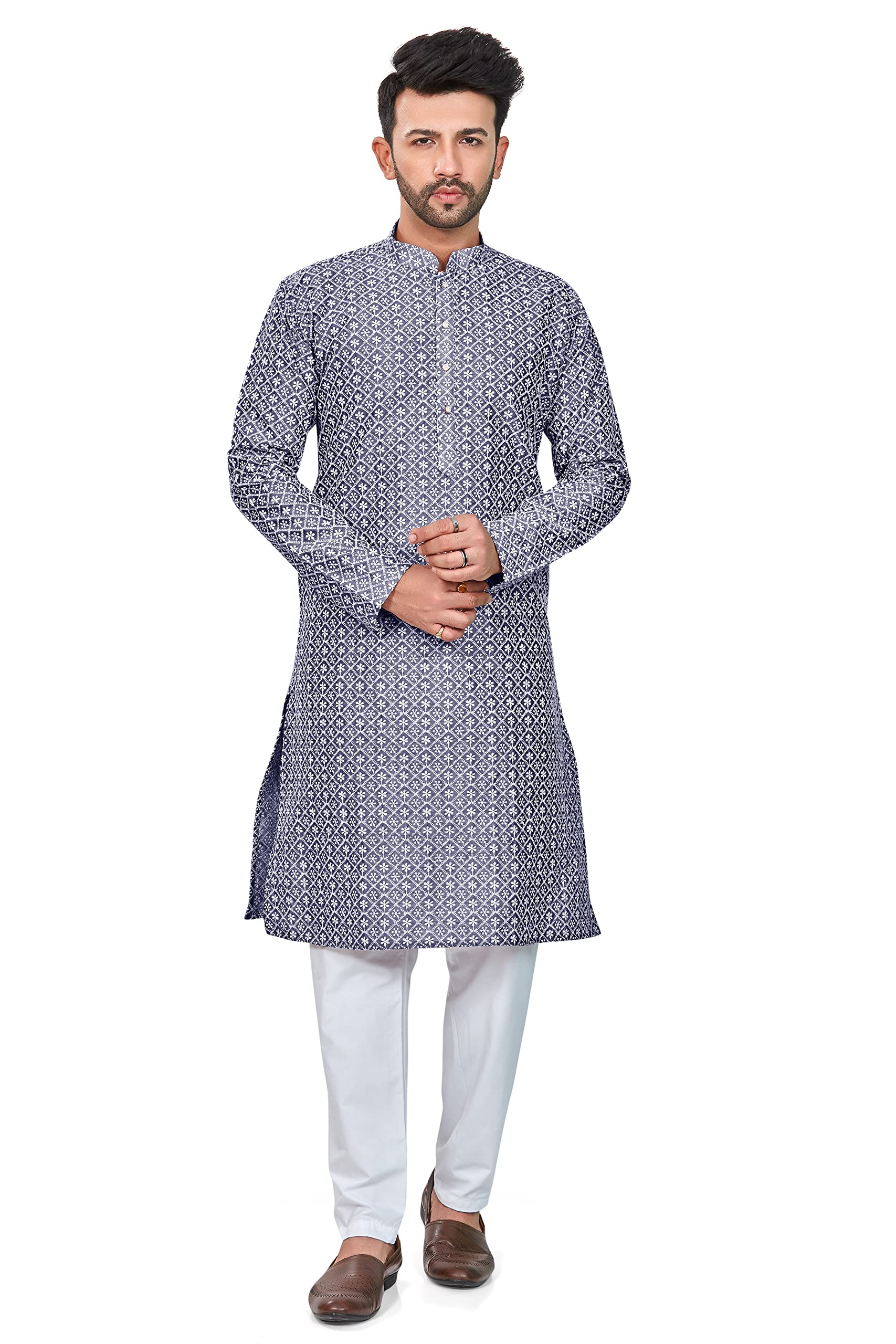 Be Active Men's Embroidered Lucknowi Grey Kurta Set || Men Kurta Pajama || Men Kurta Pajama Set || Kurta Pajama For Men (Rfsk0013 4 Set M)