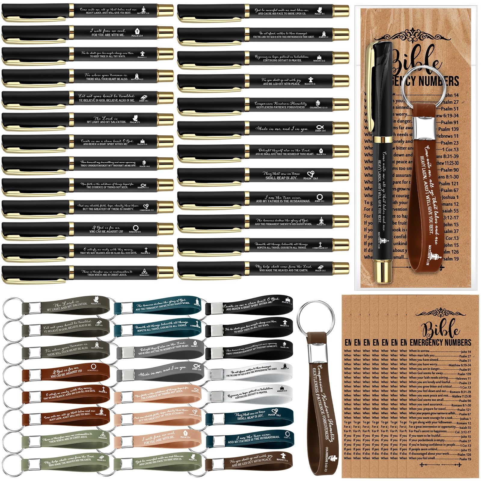 Feifeiya 25 Sets Easter Christian Church Gifts Bulk Bible Verse Plastic Gel Pen Religious Silicone Keychains Scripture Bookmarks for Men Women