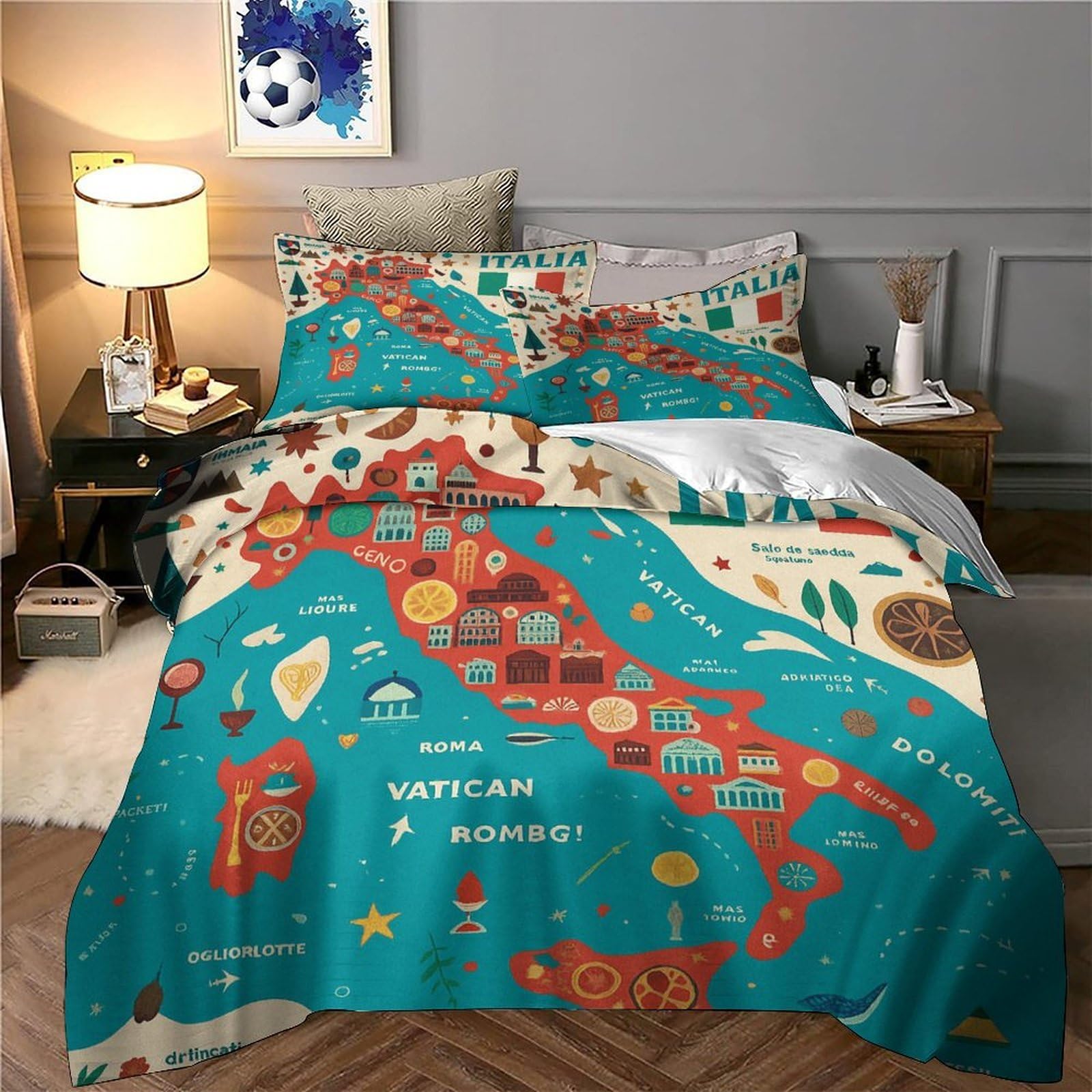 Guía de Viaje de Italia Impresión 3D 3 Piezas cubrecama Estilo de Mapa ilustrado Funda de edredón Microfibra Transpirable Cierre Cremallera para Chicos bebés Mujeres King（220x240cm）