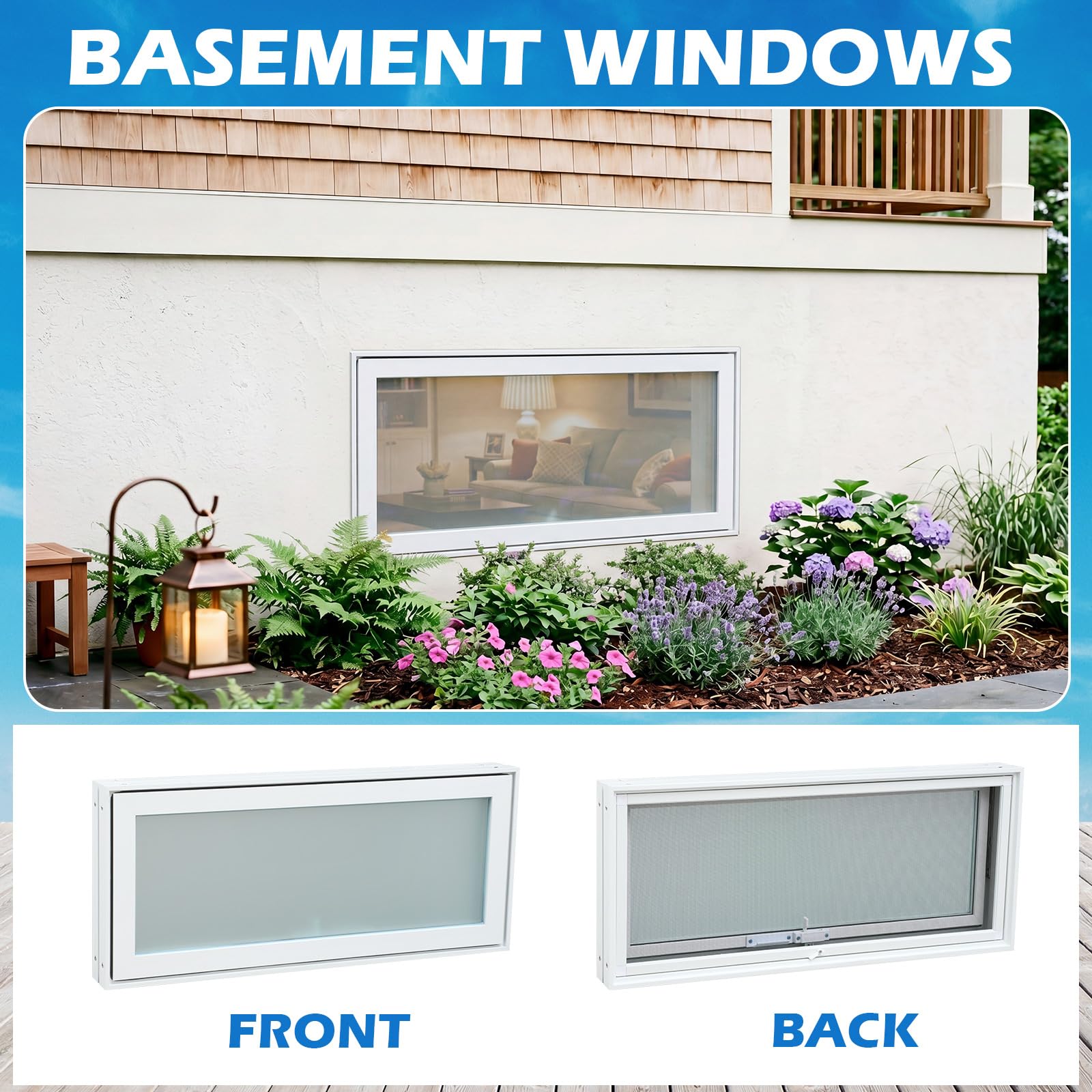 CroBlissful 1 ventana de sótano pequeña de vinilo blanco de 32 x 14 pulgadas, ventana de cobertizo, ventana de casa móvil con pantalla de doble acristalamiento para cabañas de bloque de vidrio, casa