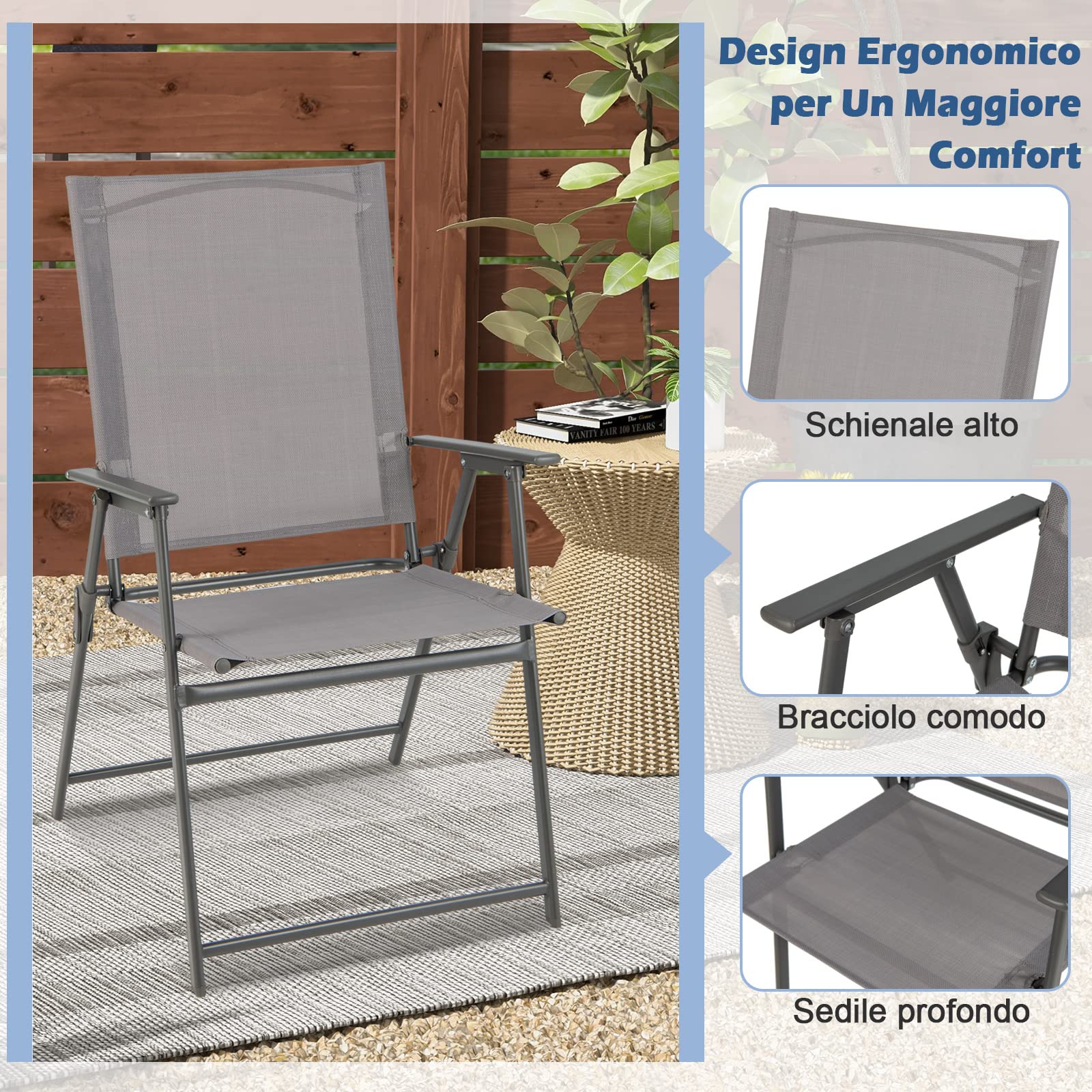 GYMAX Set di 2/4 Sedie da Giardino in Tessuto con Struttura Metallica, Sedie Pieghevoli con Schienale Alto e Braccioli, Sedia da Campeggio, Adatta per Giardino, Terrazza e Balcone (4, Grigio)