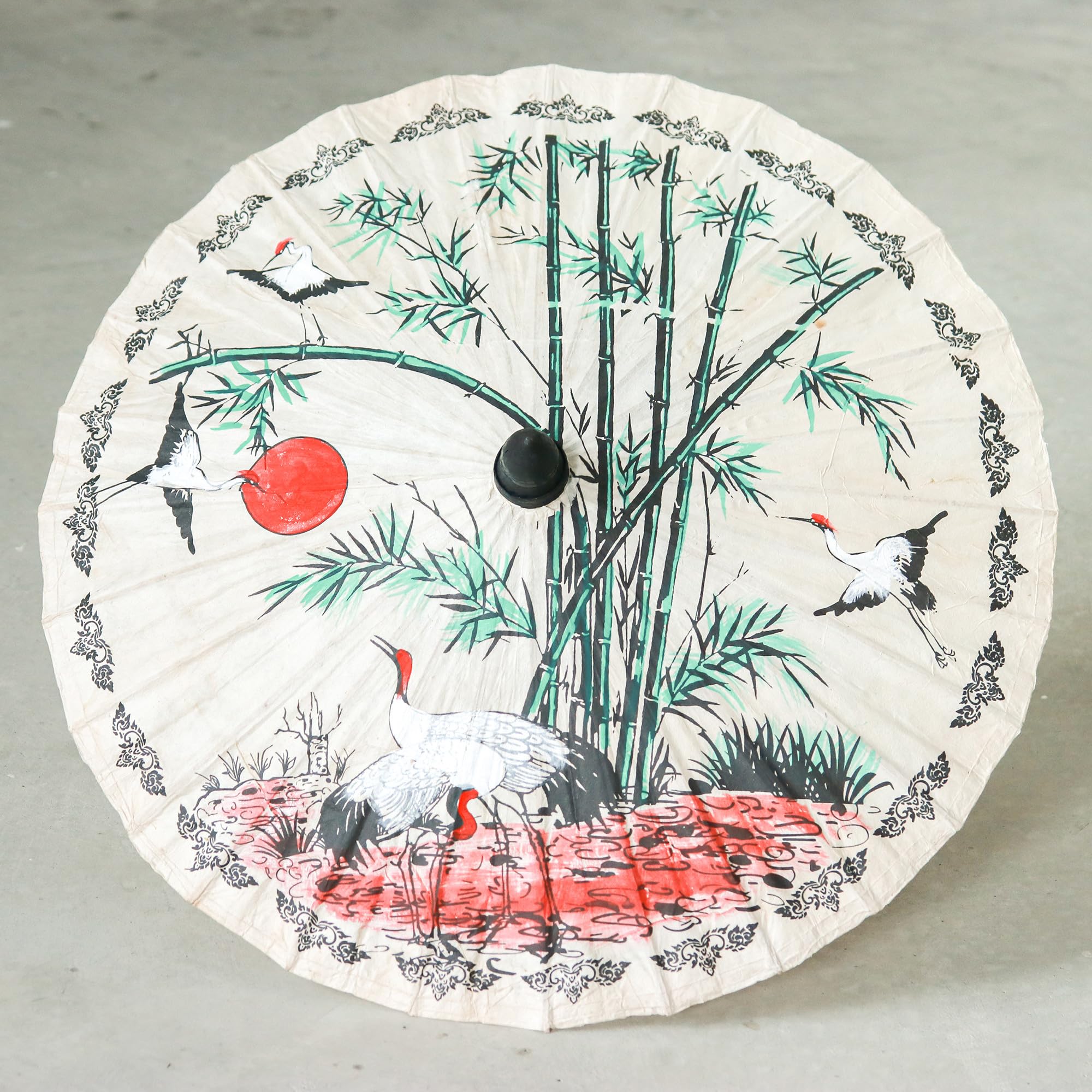 NOVICA Bird and Flower Saa Paper and Bamboo Parasol 'Crane Morning'