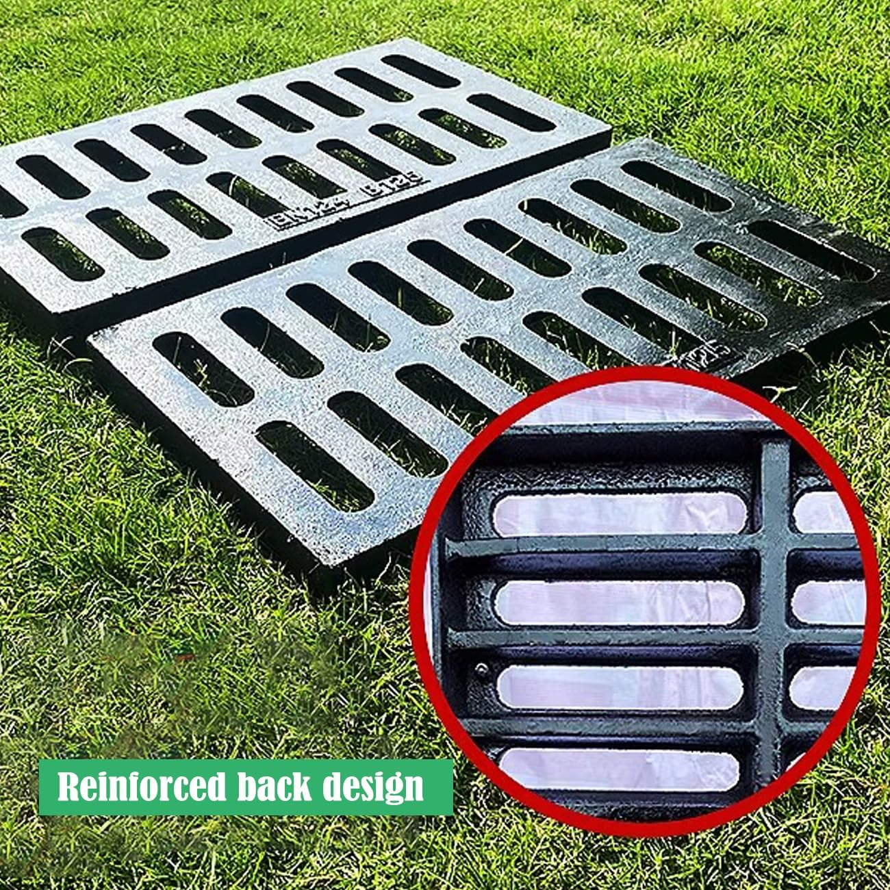 Griglia di scarico rettangolare in ghisa resistente, per patio, prato e giardino, 50 x 30 x 3 cm, facile installazione