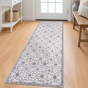 KILOCOCO 2x6 Runner Rug, Moroccan Super Soft Washable Hallway Entryway Runner Rug, Accent Print Faux Wool Kitchen Runner Rug 6 Feet Non-Slip Boho Rug Runner for Laundry Room Bedroom, Grey