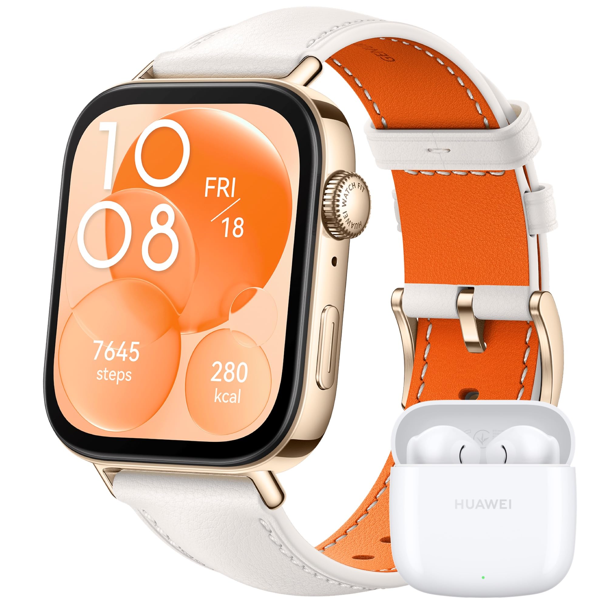 Huawei Watch FIT 3, Display AMOLED da 1.82", Monitoraggio fitness e salute, Compatibilie con iOS e Android, Batteria fino a 10 giorni, Chiamate Bluetooth, Pearl White Pelle + Freebuds SE 2 White