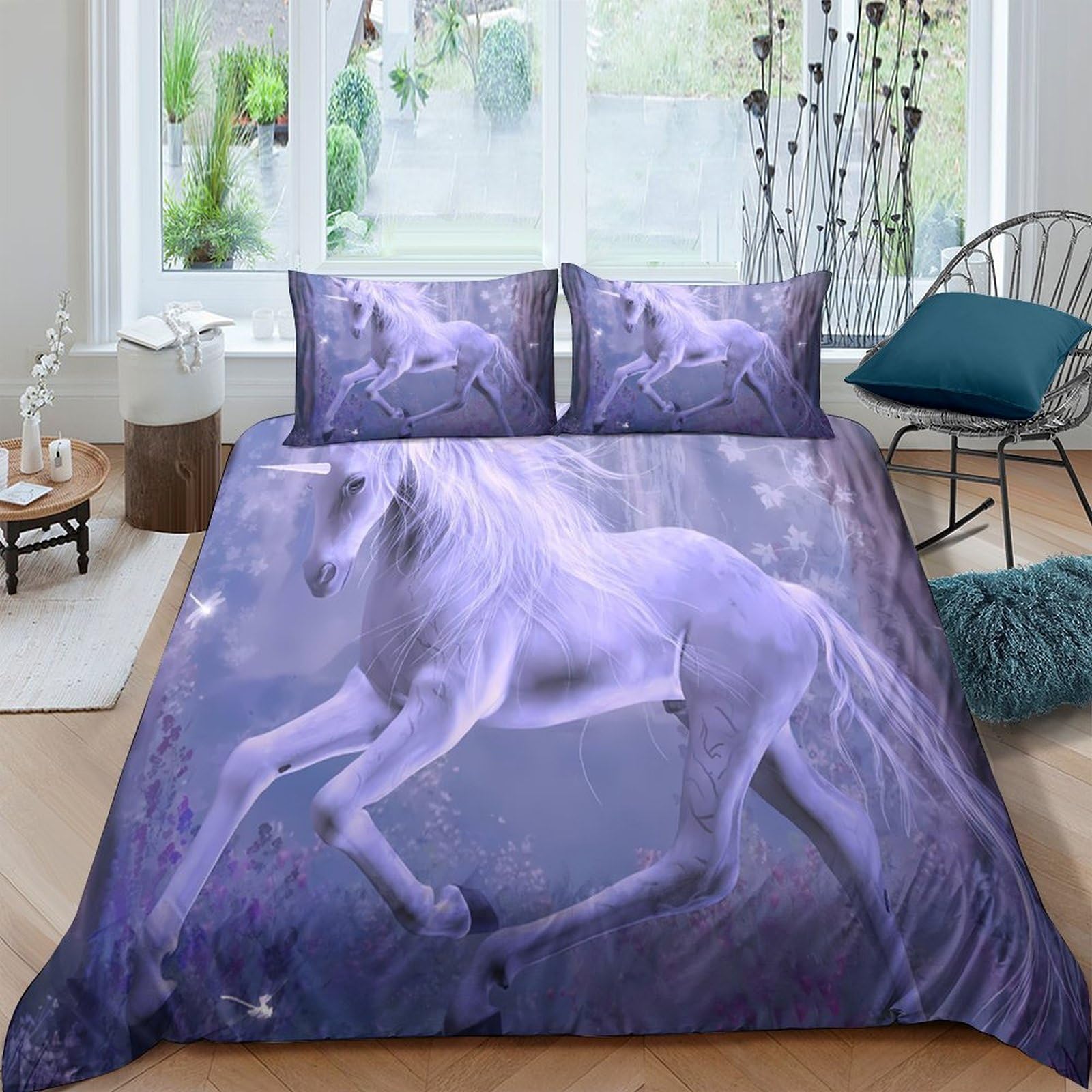 GPLZQXKJNH 3D Printed Purple Unicorn Duvet Cover Microfiber Soft Breathable Fantasy Forest Bedding Set with 2 Pillowcases for Bedroom Decor Single（135x200cm）