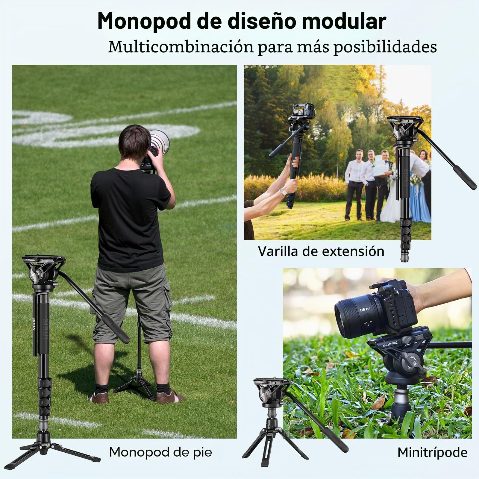 SIRUI 188cm Monopié de Cámara con Pies, Monopié de Viaje de Aluminio con Base de Trípode, Monopié de Vídeo Ligero con Cabeza de Fluido para Videocámara, Carga Máx. 8kg - AM-MDP02