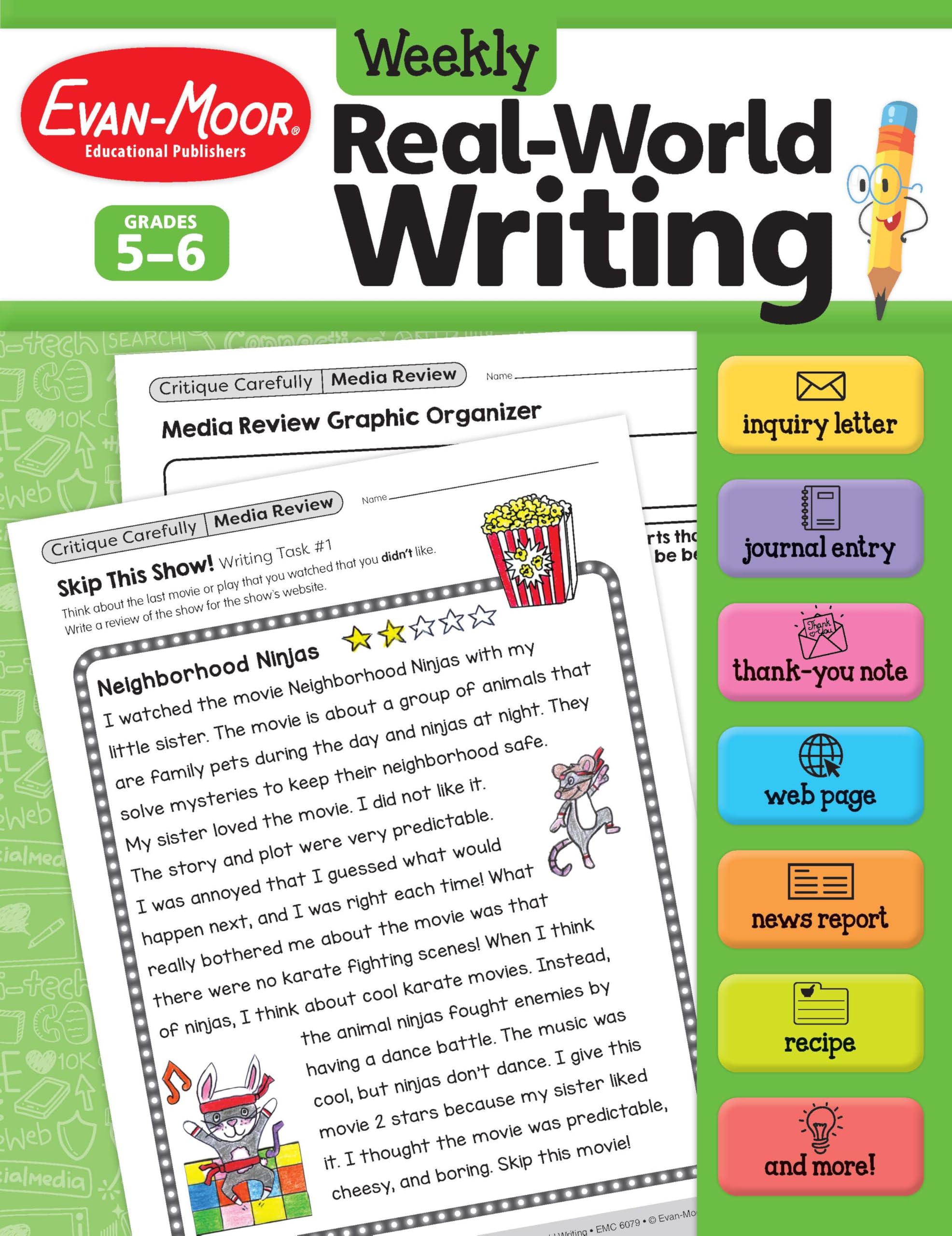 Evan-Moor Weekly Real-World Writing, Grades 5-6 Homeschooling & Classroom Resource, Reproducible Worksheets, Trait-based, Letters, Emails, Advertisements, Web Page, Journal, Hands-on Activities