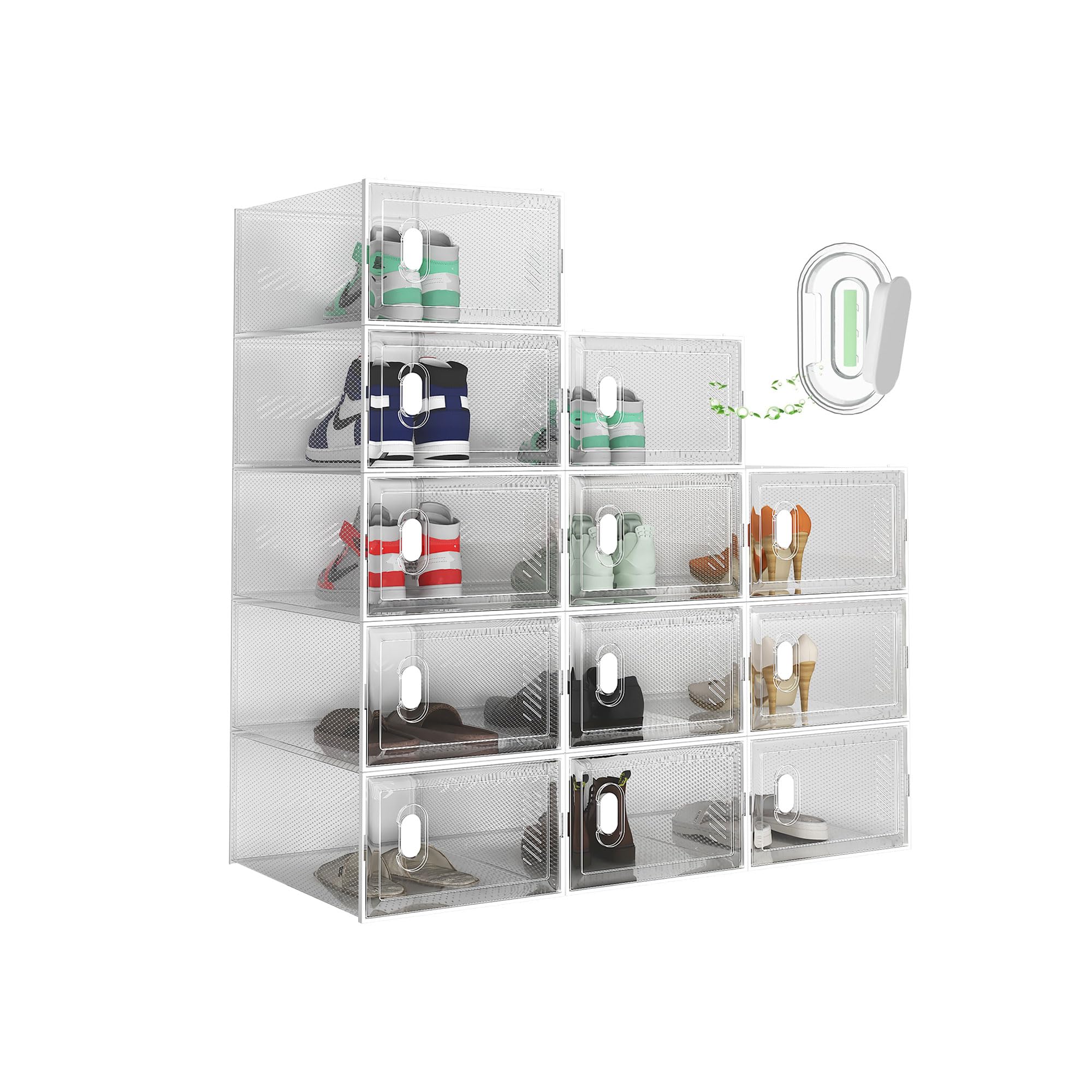 CAIYUN Shoe Storage Box, 12 Pack Shoe Boxes Clear Plastic Stackable, Foldable Shoe Organizer Containers with Lids for Women/Men, Fit Uk 11, White