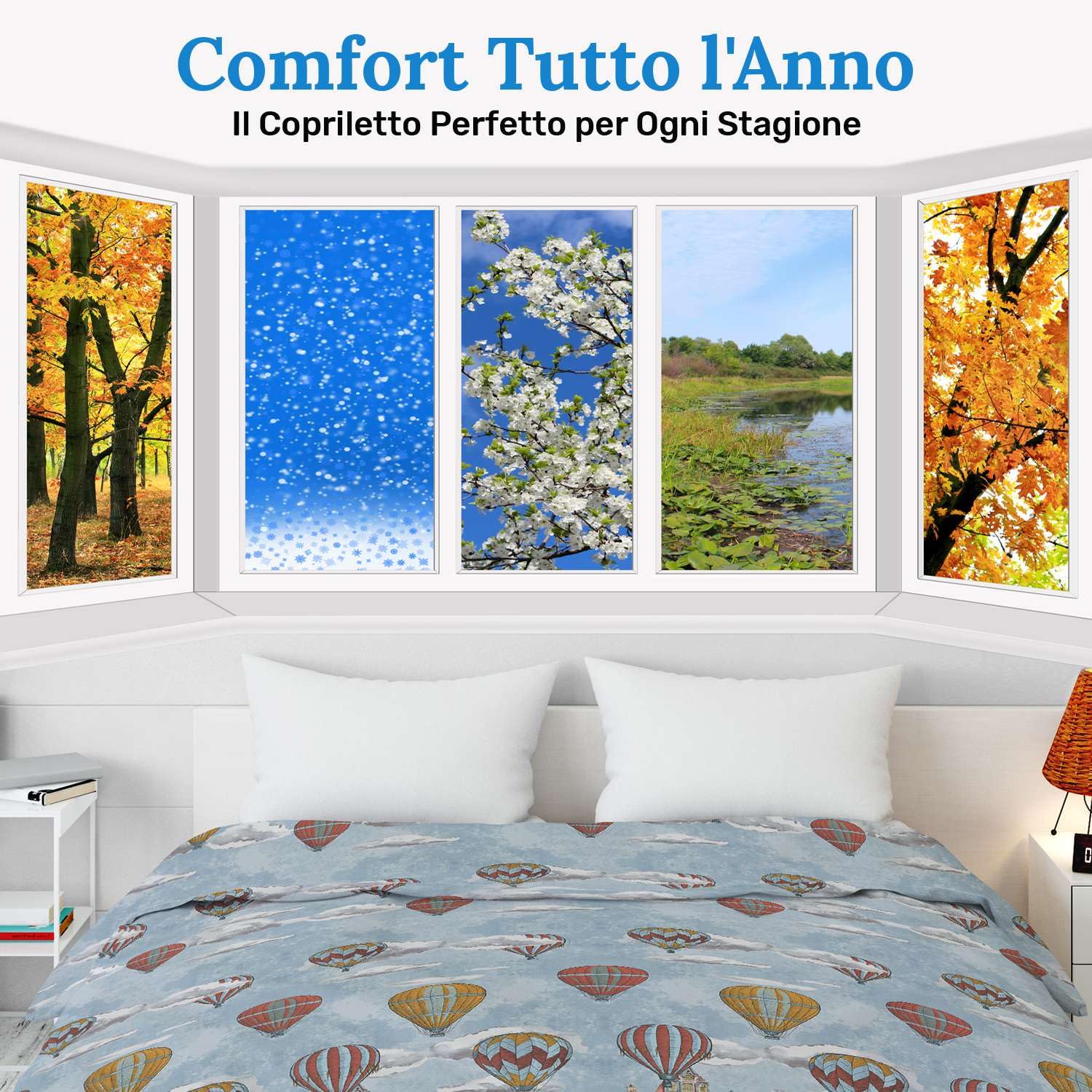 HomeLife Copriletto una piazza e mezzo Cotone Primaverile/Estiva Made In Italy [220x280] | Coperta Cotone Leggera per Letto alla Francese | Copri Letto Traspirante con Fantasia Mongolfiere | Arancio