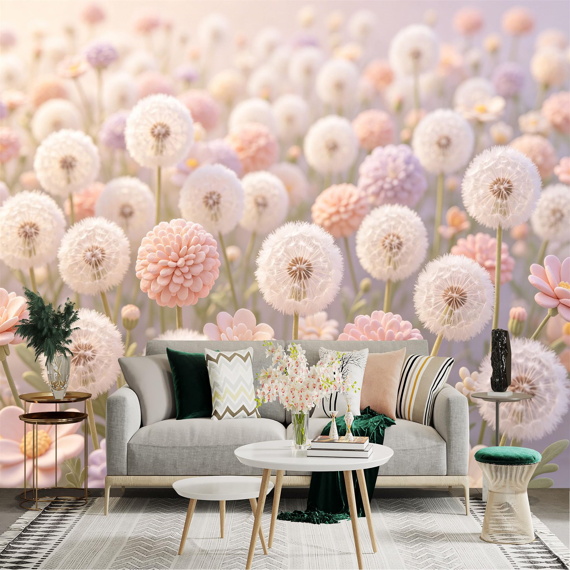 Lnzczhyre Dbh260521376 Custom Size Wall Sticker Mural， Dreamy Dandelion Field， Soft Pastel Floral Meadow， Elegant Spring Botanical Garden， For Wall Decoration， Peelandstick Wall Decals.
