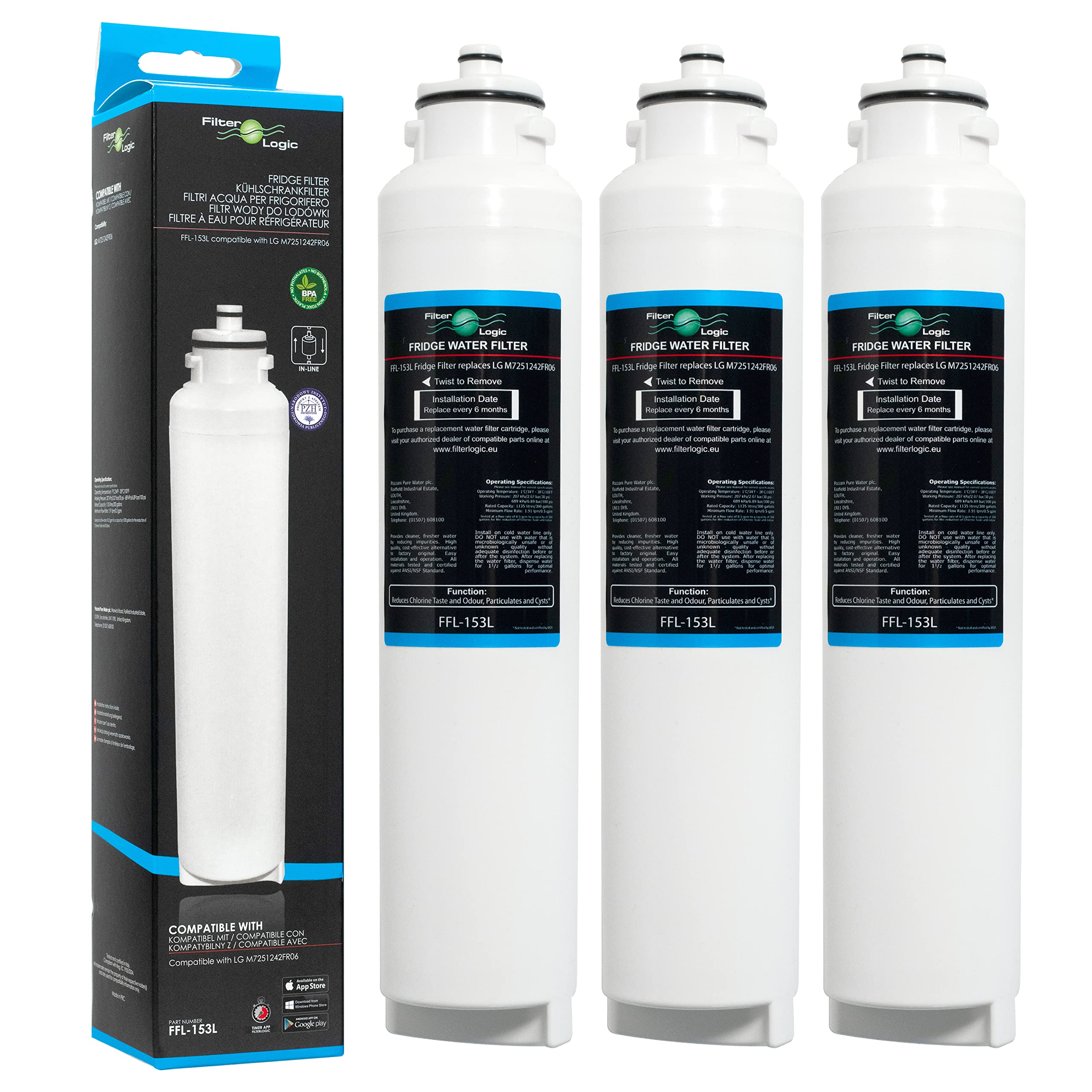 Filterlogic FFL-153L | 3x Filtro de agua compatible con LG M7251242FR-06 Ultimate ADQ32617701 ADQ32617703 Cartucho de repuesto del filtro de agua del frigorífico