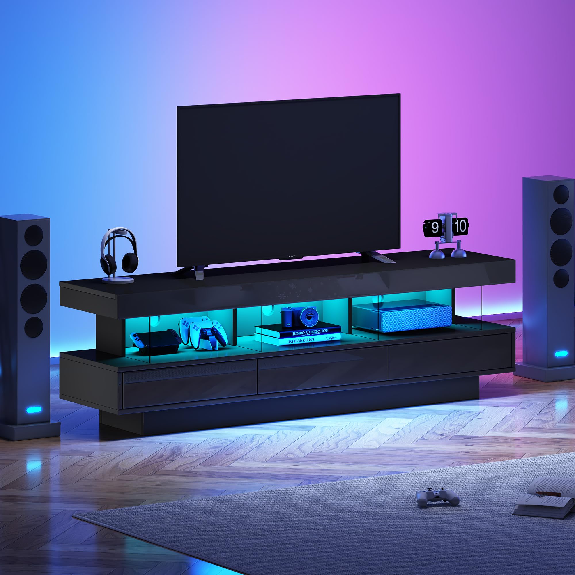 Nowoczesny stojak na telewizor o wysokim połysku z oświetleniem LED, sterowany aplikacją, 3 półki, szafka do przechowywania do salonu, czarny centrum rozrywki, stylowy design, meble domowe