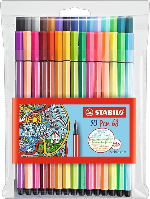Premium Felt Tip Pen - STABILO Pen 68 - Wallet of 30 - Assorted Colours incl 6 Neon