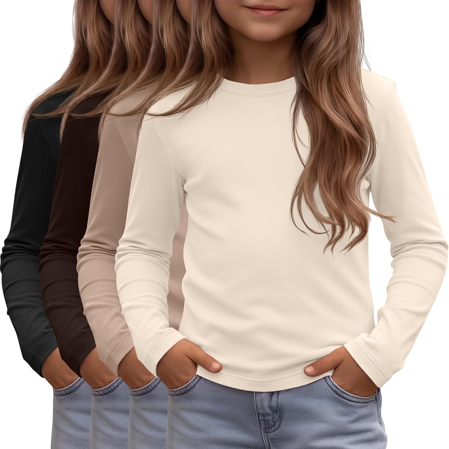4 Pack Girls' Long Sleeve Shirts Kids Crew Neck Slim Fit Basic Layering Tops Causal Undershirts Multipack 5-14Y