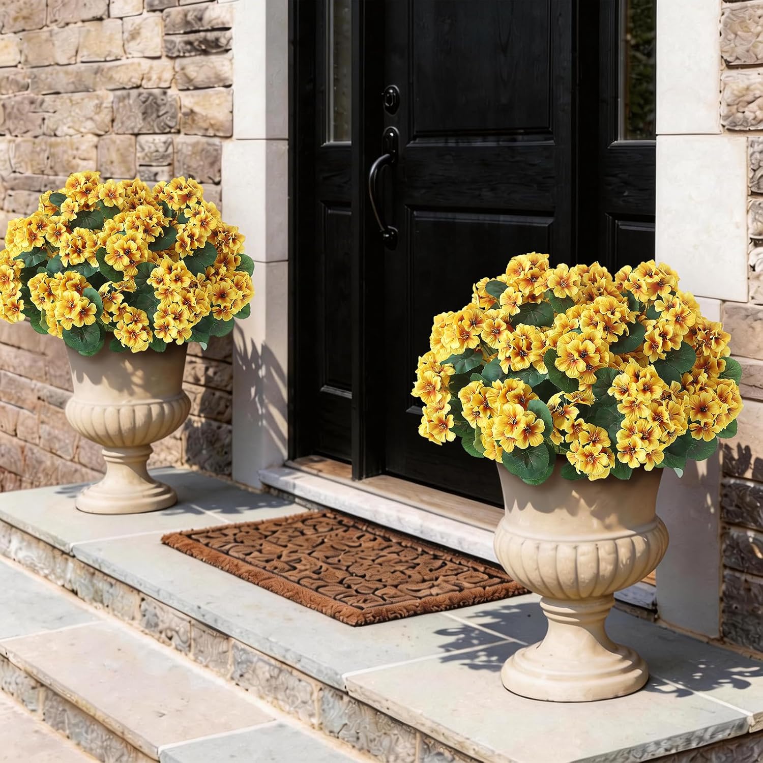 GLIDLION 12 Bundles Artificial Geranium Flowers for Spring Summer Decor, UV-Resistant Fake Plants Realistic Faux Silk Bouquets for Front Door Farmhouse Garden Porch Home Outdoor Decor (Yellow)