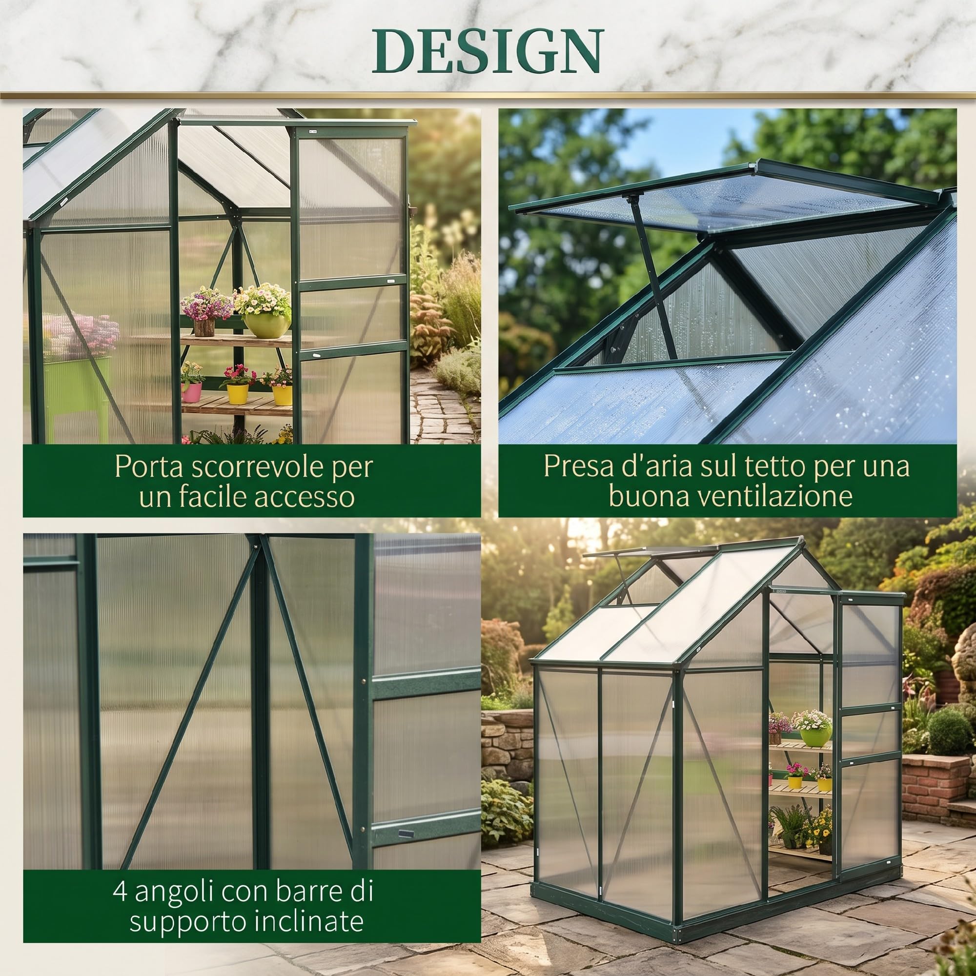 Outsunny Serra da Giardino in Policarbonato 190x132x201cm con Base | Struttura in Alluminio, Serra per Piante, Finestra, Porta Scorrevole