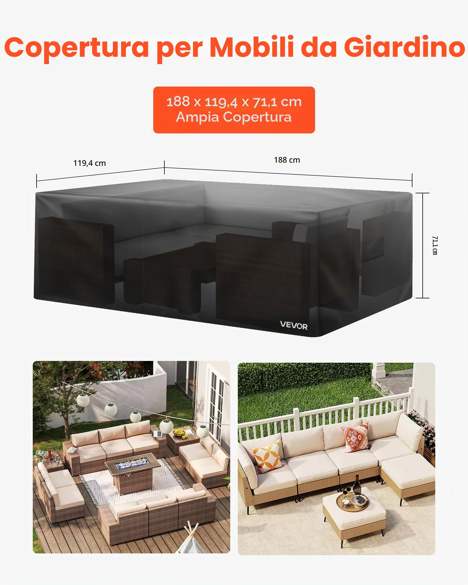 VEVOR Copertura per Mobili da Giardino 188 x 120 x 71 cm Copertura Impermeabile per Tavolo e Sedie da Pranzo da Esterno 420D, per Tavolo da Giardino con Presa d'Aria per Tutte Stagioni, Nero