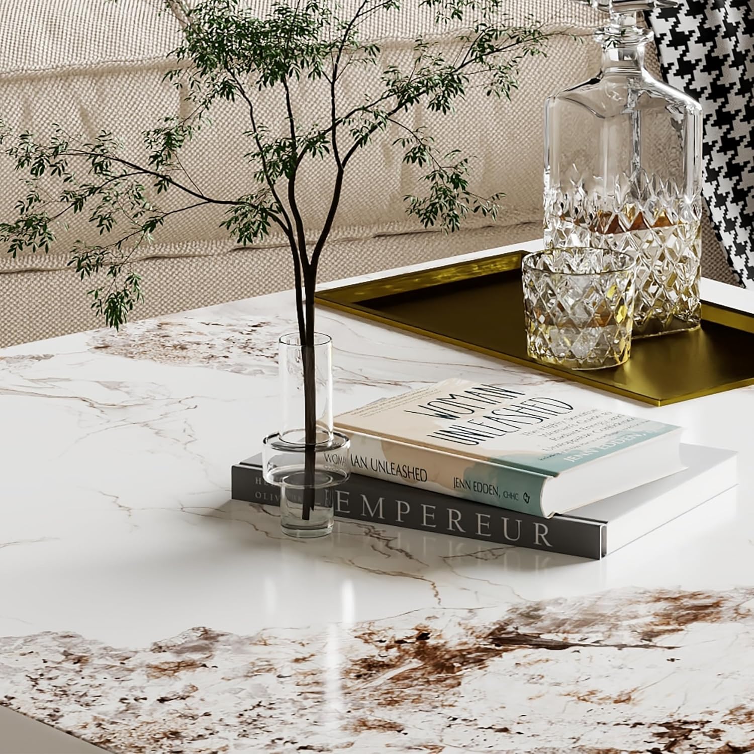 Modern Coffee Table for Living Room, 43.31" Large Square Living Room Table Sintered Stone Tabletop with Gold Stainless Steel Legs, Center Table for Home Office