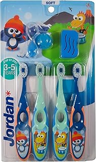 Jordan* | Step 2 Kids Toothbrush | Infant Toothbrush for Age 3-5 Years Old | Kid Toothbrush with Soft Bristles, Dual Ergonomic Handle & BPA Free | Blue & Green Color | Pack 4 Units